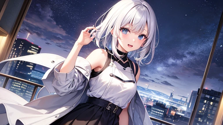 Ultra-high image quality,Look at viewers, hands behind back, girl with, 20 years old, Very short hair, long bangs between eyes, pale blue eyes, Hoodie, Skirt , Extremely detailed,(masterpiece、top-quality)、report、White hair、A smile、White skin as clear as snow、Fantastical, Silver hair, Black eyes, Beautiful eyes,, Ecstasy, charmed, be smitten with audience, Hoodie, White hoodie,a black skirt,Hair is short,look down from above,(masutepiece, Best Quality:1.1),report, 1girll, Curve,White jacket, Casual style,Open jacket, Cowboy Shot、report、Fluttering hair、a small face、hason、Bright smile、(parka、white sneaker fingers、Human hand)、(Detailed face) 、(top-quality: 1.4、tmasterpiece、 hyper HD、 Top resolution,、Very detailed、 profetional lighting,fantastic landscape, Sunlight,Shoulder out、sleeps in a bed、open open mouth、inside in room