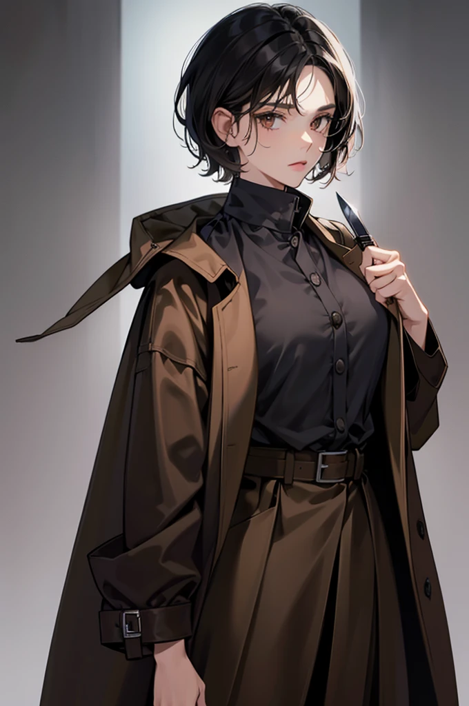 Girl with short hair and black hair,Wear a brown oversized trench coat,Windbreaker is roomy,Wearing a black vest,Knife in hand,Graceful,dark vibe atmosphere,Light