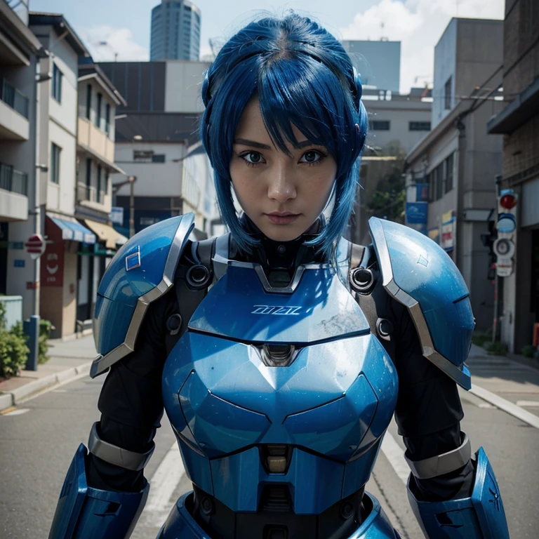 （Close-up of a blue-haired woman and a blue robot.）, （Anime robot mixed with organic）, （anime mecha optimus prime：1.3）, （girl in mecha cyber armor:1.3），unreal background， trending on cgstation, Gouwiz,Cute Cyborg Girl, Smooth blue armor, Gouwiz style artwork,blue girl