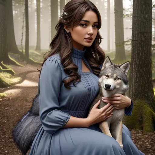 Beautiful woman petting a wolf cub,  Wolves, Otherworldly, beautiful setting, Elegant dress, Brown hair, Blue Dress, epicd, Photorealistic,  8K, nffsw, trending on arstation, winning artwork, Best Quality, masutepiece, 1girl in, 1 wolf, gray fur, Magic, vivd colour, magical forest, Cute, Looking at Viewer,