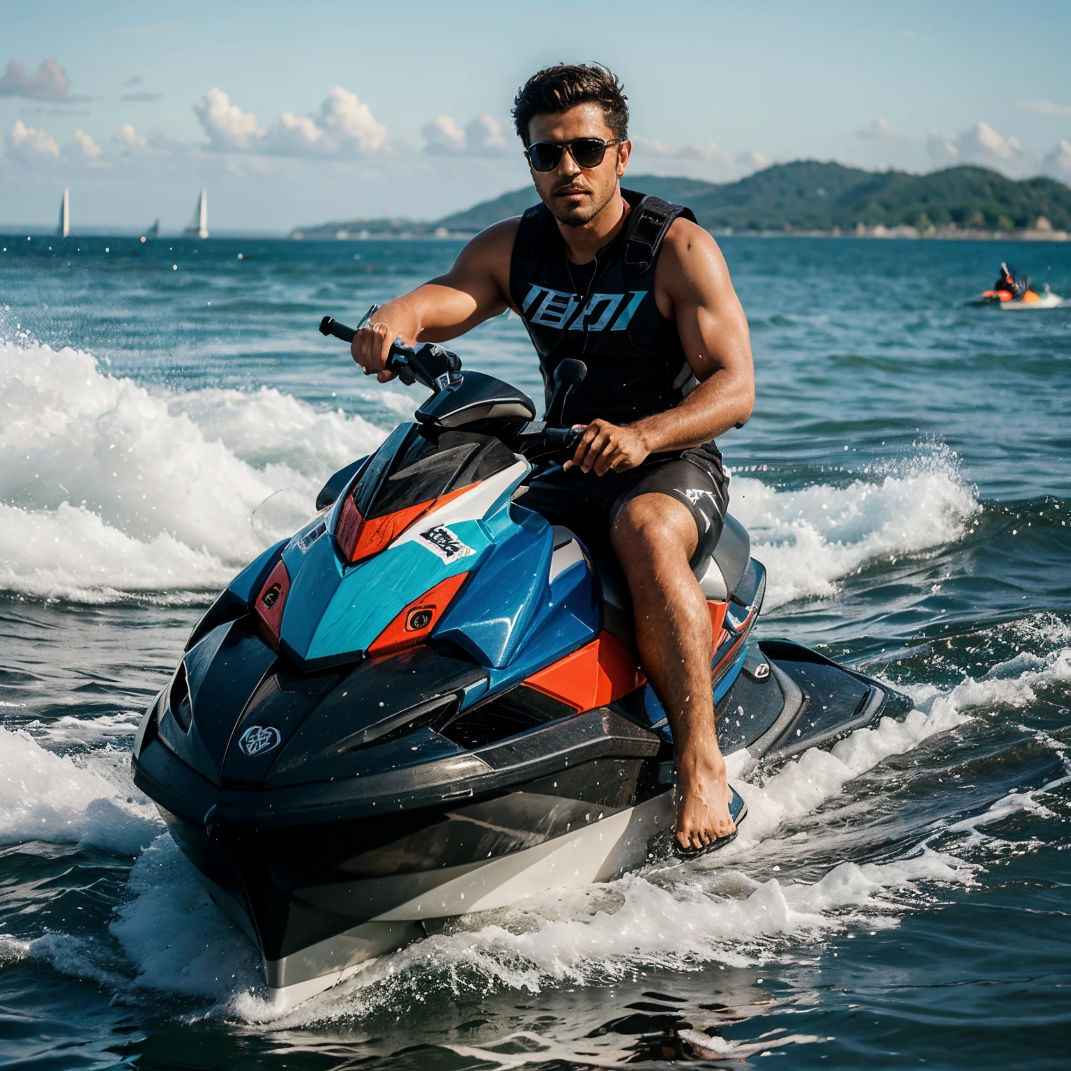 cartoon humouristique ,homme,A jet ski instructor with blue eyes, brown hair, cap on the side ,