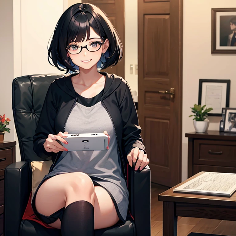 black hair, glasses, short bob, soft waves, smiling, facing forward, adult woman, playing a game, in the room, sitting on a chair, alone