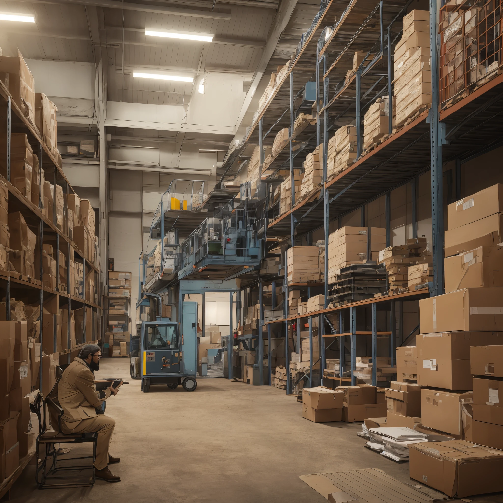 A man with a brown beard, sits in his office in an industrial equipment warehouse, realistic, cinematic --auto --s2