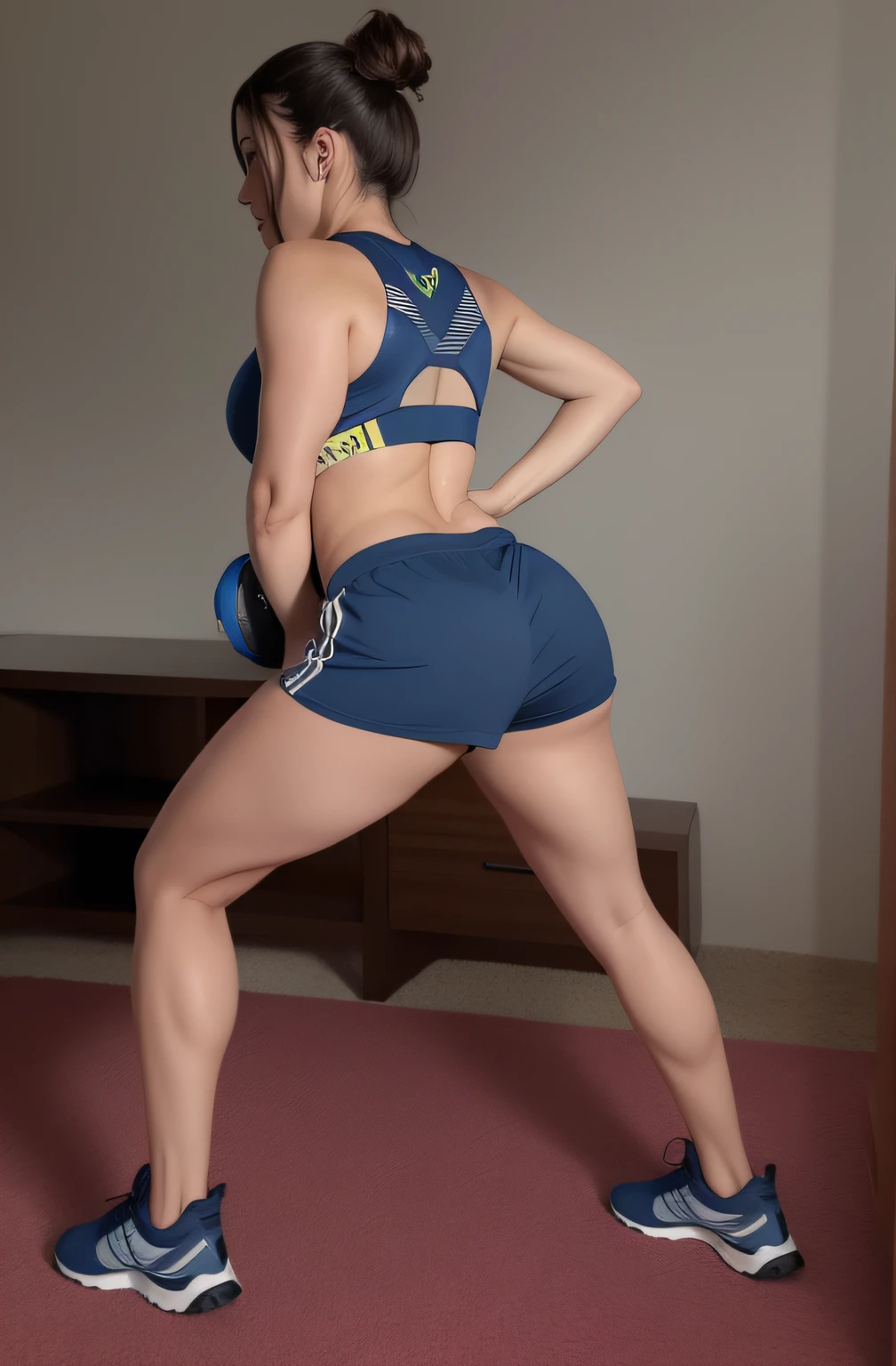 there is a woman in a short skirt playing video games, Photo adjustment, sport bra and dark blue shorts, tiro longo de costas, malhar, Tiro lateral, tiro na perna e no quadril, side view of her taking steps, pose lateral, pernas tonificadas, legs and arms, lunging at camera :4, sport bra and shorts, coxas expostas!!!