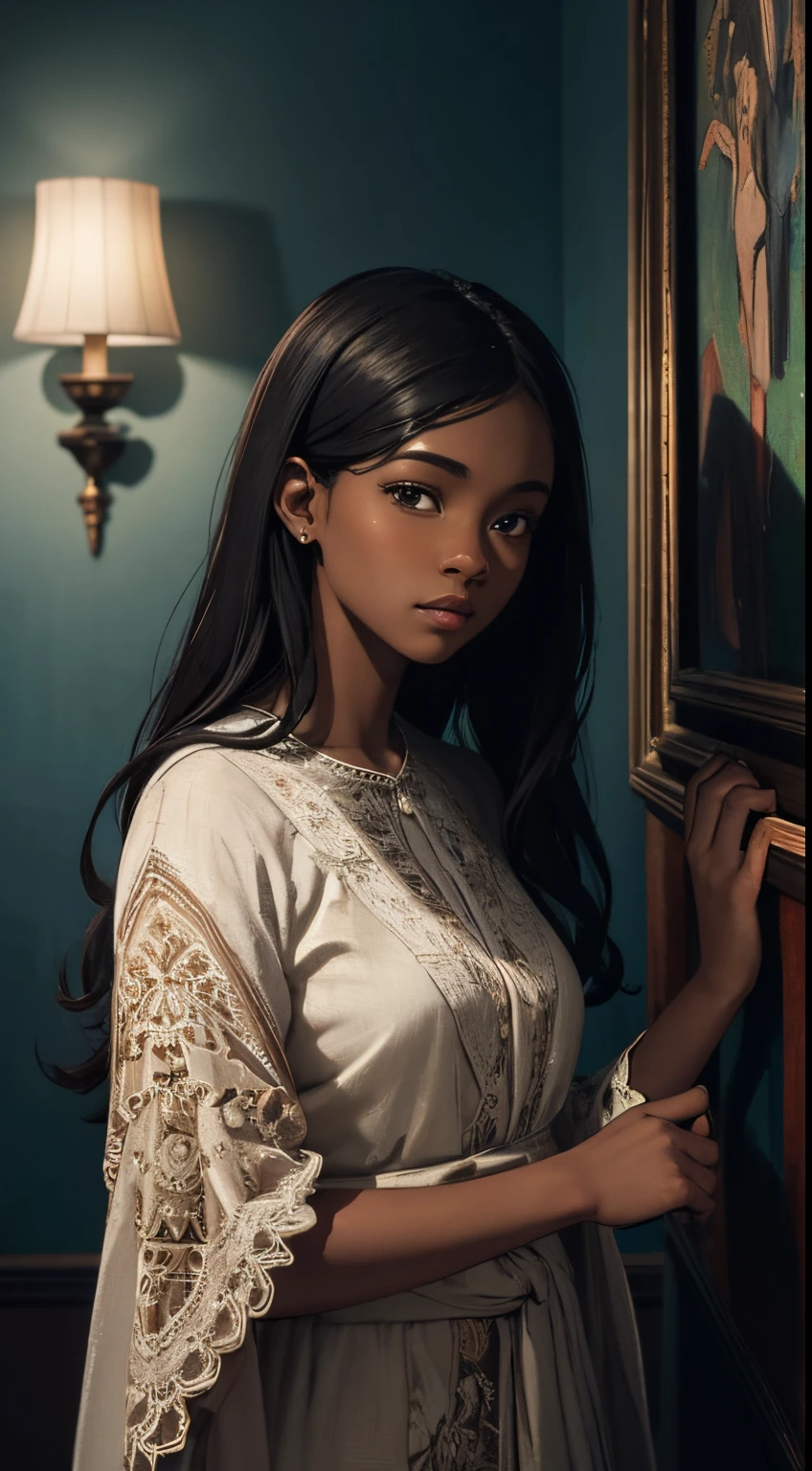 A brief moment of calm, beautiful black girl with cinnamon skintone, neutral color lace clothing against the vibrant colors of a wall tapestry. Portrait shot with peach and cyan lighting , detailed intricate , in the style of James Jean and Thomas Kincaid , chiaroscuro, wabi sabi art style , obscura, beautiful, masterpiece, behance winning, oil painting, romanticism