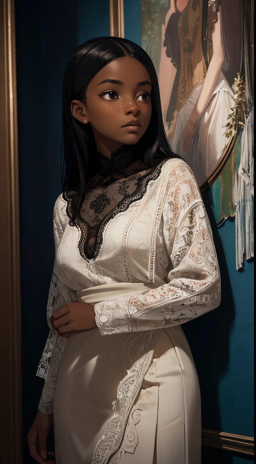 A brief moment of calm, beautiful black girl with cinnamon skintone, neutral color lace clothing against the vibrant colors of a wall tapestry. Portrait shot with peach and cyan lighting , detailed intricate , in the style of James Jean and Thomas Kincaid , chiaroscuro, wabi sabi art style , obscura, beautiful, masterpiece, behance winning, oil painting, romanticism