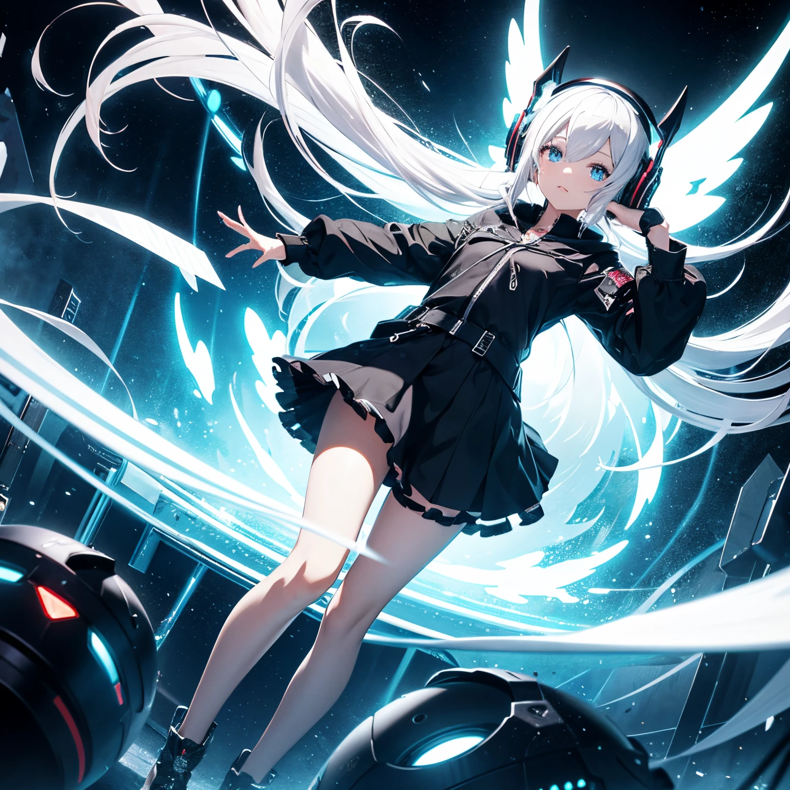 8K High Definition,
Ultra high definition,
Full body,
The character is Neo's Hello World mode.(Monster Strike)
standing facing left,
Girl with long white hair,
black skirt dress headphones,
floating silver ring,
The background is a fantasy world