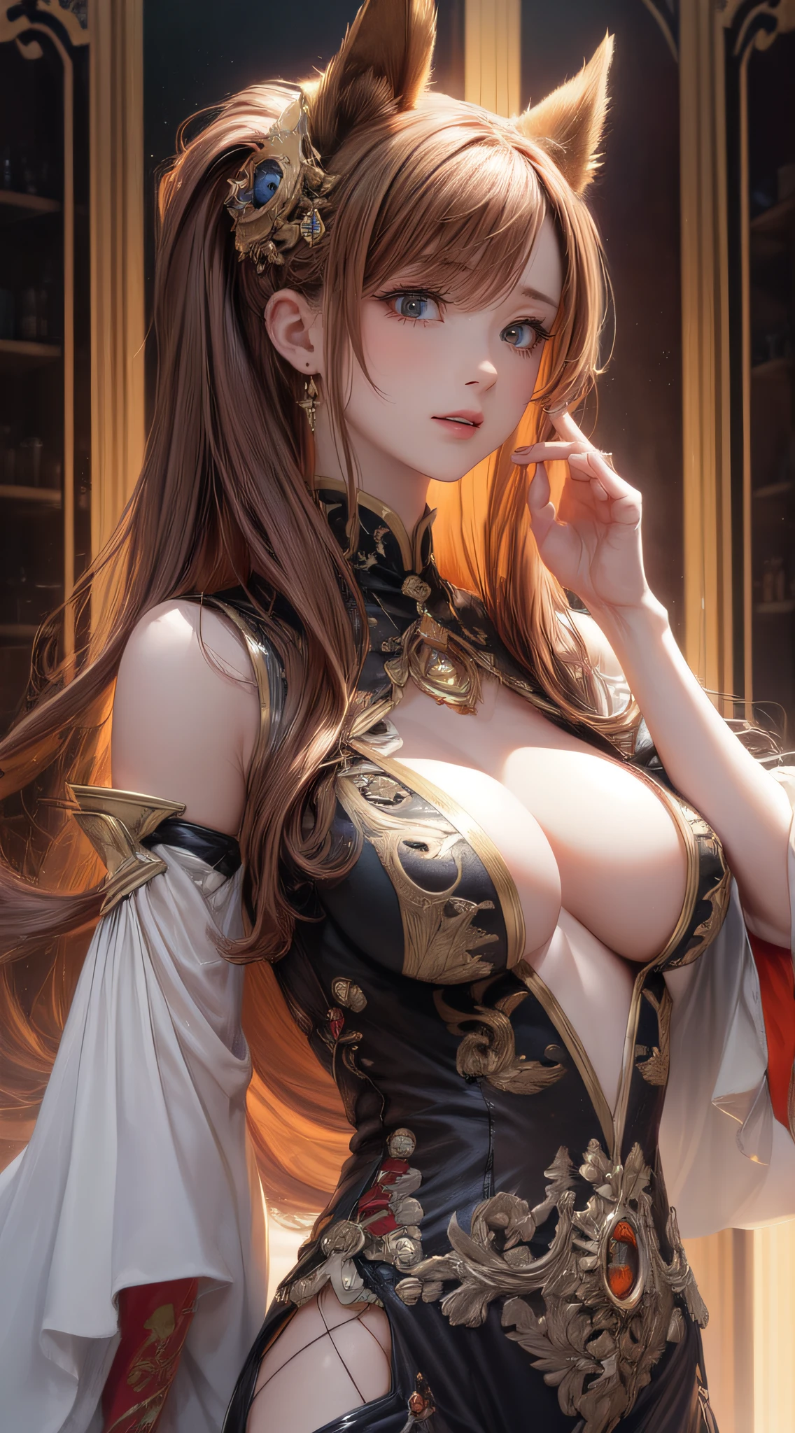 Pornographic Images,Cinematic scene,Fantasy Art,Highest image quality,(hyperrealistic portrait),(8K),Ultra-realistic,Best Quality,High quality,High Definition,high quality texture,high detailing,Beautiful detailed,fine detailed,extremely details CG,Detailed texture,realistic representation of face,masutepiece,presence,Dynamic,Bold,1gir,Ultra detailed skin,Curve,Petite,Beautiful breasts,Large breasts,pale skin,pointed breast,Erect nipples,(super thin hair),(ultra soft hair),(ultra straight hair),Swept long bangs,very light coppery amber hair,Hair over one eye