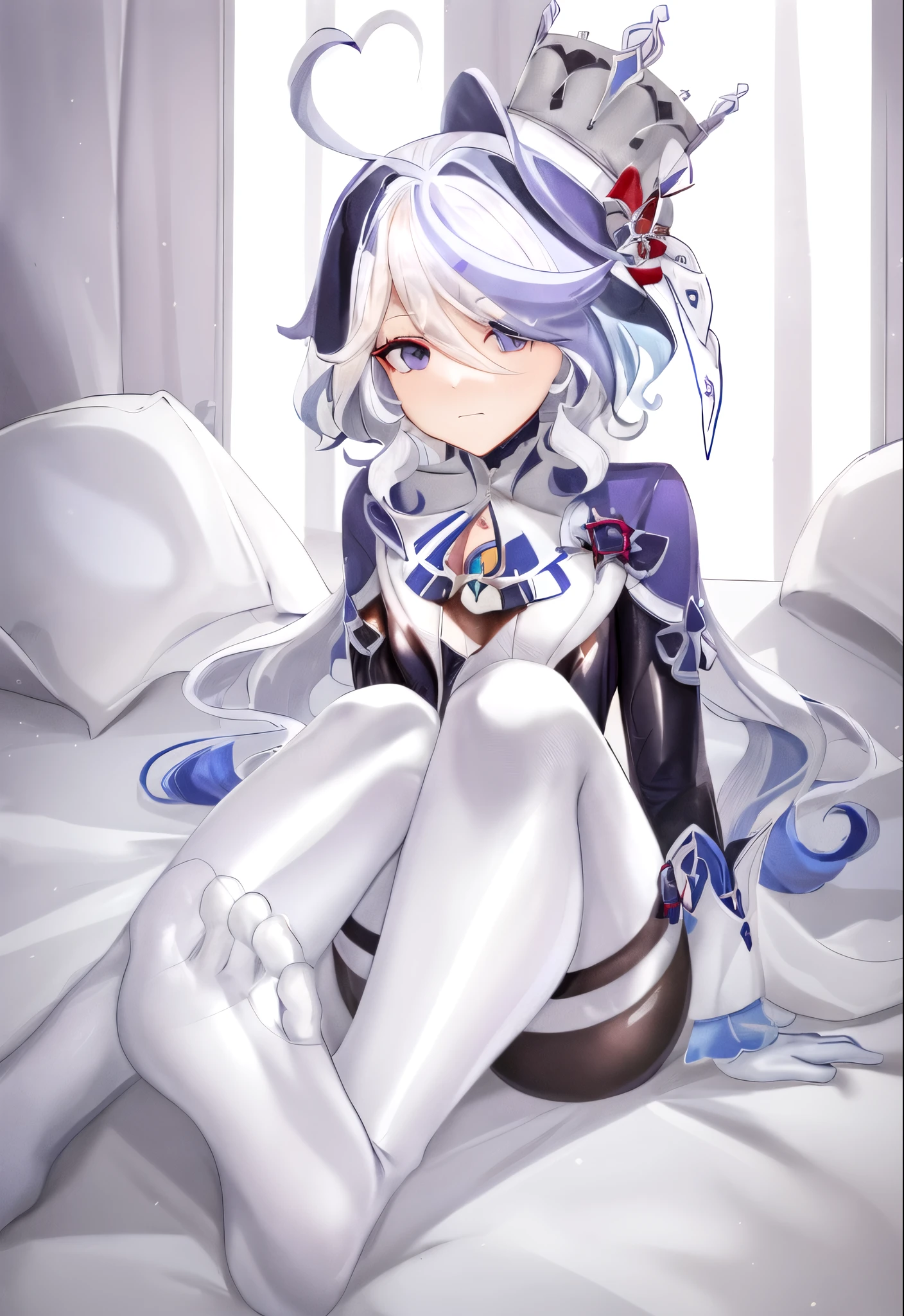 one-girl, (Best quality at best), ((tightsuit)))), White hair, Ultra-delicate skin, A high resolution, ultra - detailed, vulgar, afterglow，tightsuit, skin tight, latex,White jumpsuit, A thin body，Beautiful blood red eyeshadow，Wearing long black gloves:1.a purple eye:1 white hair, Blue hair:1, 1 Sister, Forina, genshin impact, White hair, Blue hair, flatchest