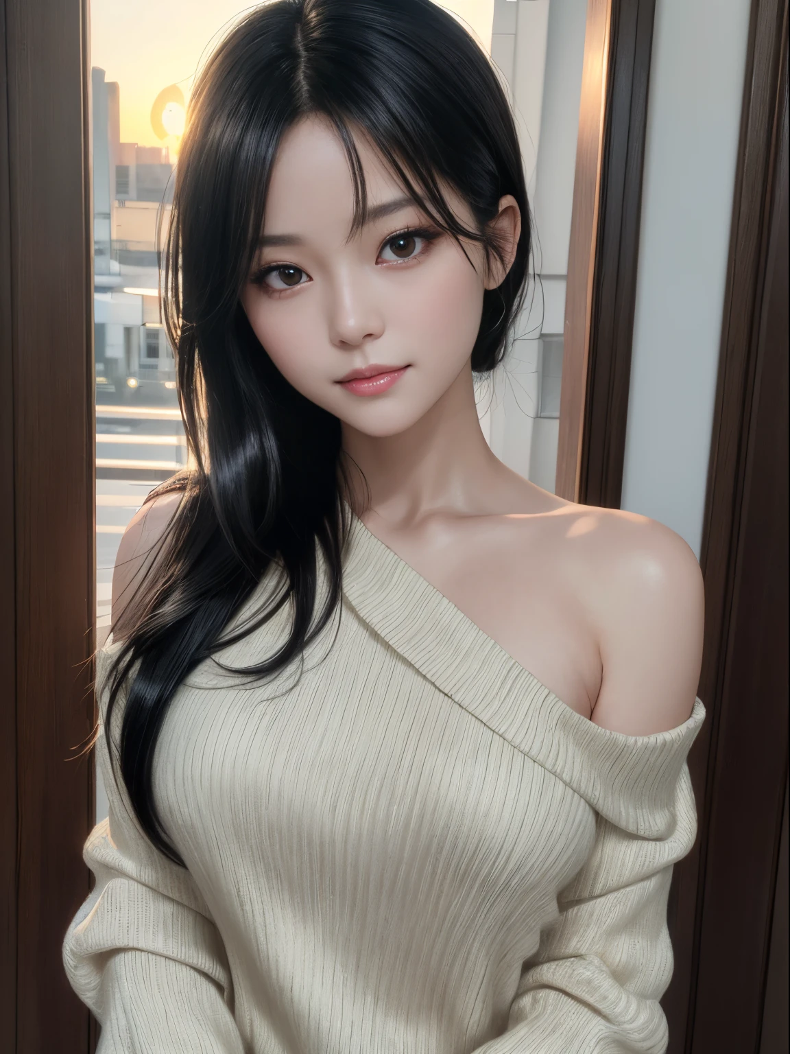 top-quality, Ultra high definition, Supreme depiction, Top resolution, ​masterpiece, (Ultra-realistic:1.4), (Sunset light:1.2), Ponytail, Japan women, detailed photo, Smiling, Sexy, Black knit shirt, Only one shoulder is sticking out, Facing Camera, full body photographed, (​masterpiece: 1.3), (8k RAW photo, Ultra-realistic, top-quality: 1.4), (1girl in), Beautiful face, (Realistic face), (Shiny black hair, long: 1.3), Beautiful hairstyle, Realistic eyes, Beautiful detail eyes, clear amber eyes, (Realistic skin), Beautiful skin like silk, (Sweaters), Absurd, Attractive, Ultra High Resolution, A hyper-realistic, High Definition, Golden ratio