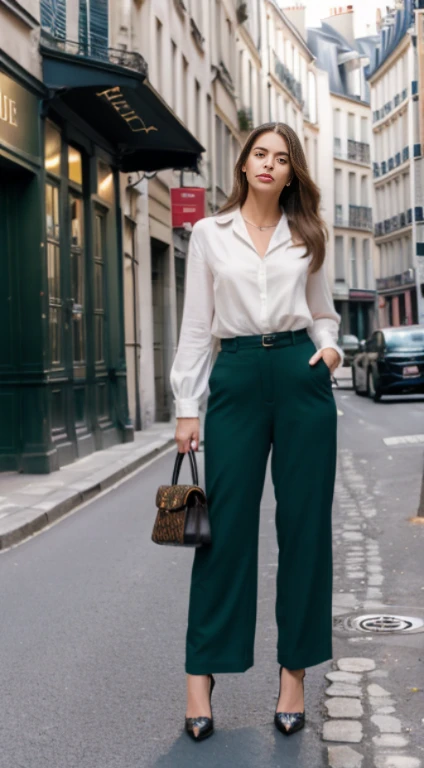 Foyer, Tournage e-commerce, The best quality at best, Art officiel, cinematic light, ultra-high-resolution, 1个Girl with giant chest, mature, solo, joaillerie, Pantalon noir longs cheveux foncés, Regarder le spectateur, chandail, pull blanc, cheveux bruns, aux yeux bruns, background (rue de Paris France, cafes, Veilleuses), veste, Pantalon noir, Manche sur poignet, pull à col montant, manches plus longues, Tarte, Jake, porte-monnaie, mode, Louis Vuitton, canal, Gucci, Prada, Valentine, Regarder le spectateur, Masterpiece, 8k