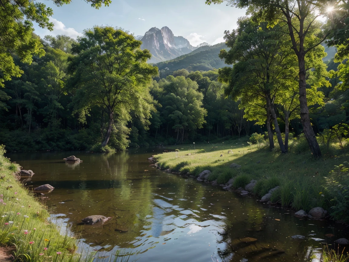 (best quality,4k,8k,highres,masterpiece:1.2),ultra-detailed,(realistic,photorealistic,photo-realistic:1.37),beautiful detailed trees,green lush vegetation,fresh clean air,crystal clear water,serene peaceful atmosphere,harmonious coexistence of various species,natural beauty untouched by human hands,gentle flowing river in the foreground,diverse vibrant colors,tall majestic mountains in the background,sunlight filtering through the trees,soft rays illuminating the landscape,evidence of environmental conservation efforts,animals roaming freely in their natural habitat,flora and fauna in perfect balance,breathtaking panoramic view,ecosystem thriving with life,tranquil lakes reflecting the surrounding beauty,clean pristine environment,inviting trails for exploration,gentle breeze rustling the leaves,fertile soil nurturing thriving plants,distance hinting at unexplored wonders,calm and soothing sounds of nature,pure nature at its finest,mesmerizing landscapes that inspire stewardship,reminder of the importance of environmental protection,serenity and peace that comes from being in nature,nurturing our bond with the natural world.