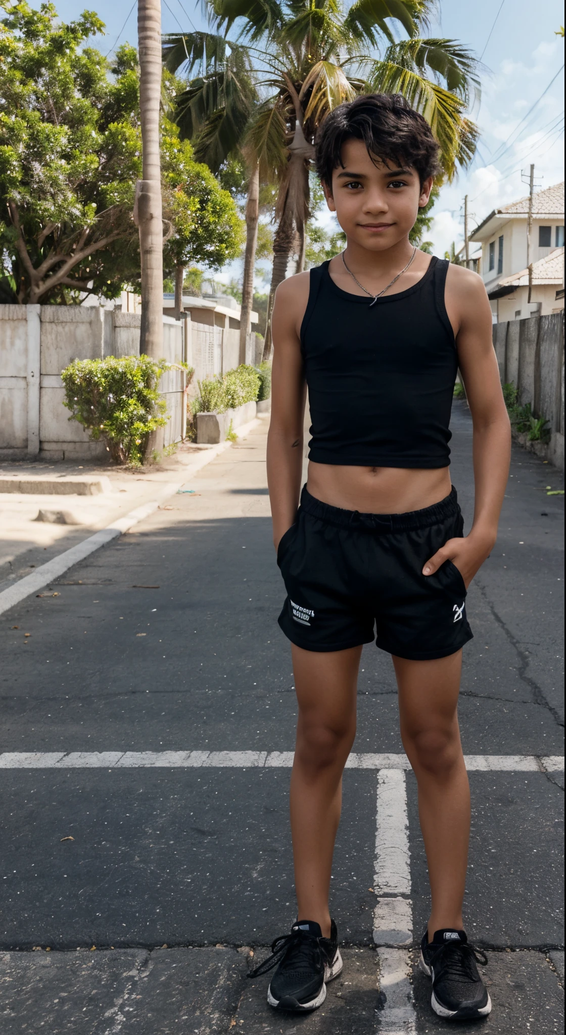 Boy 10–12 years old., Standing on a sunny beach, he wears a black top and black short shorts,  menino, Black Top, Beach, little smile