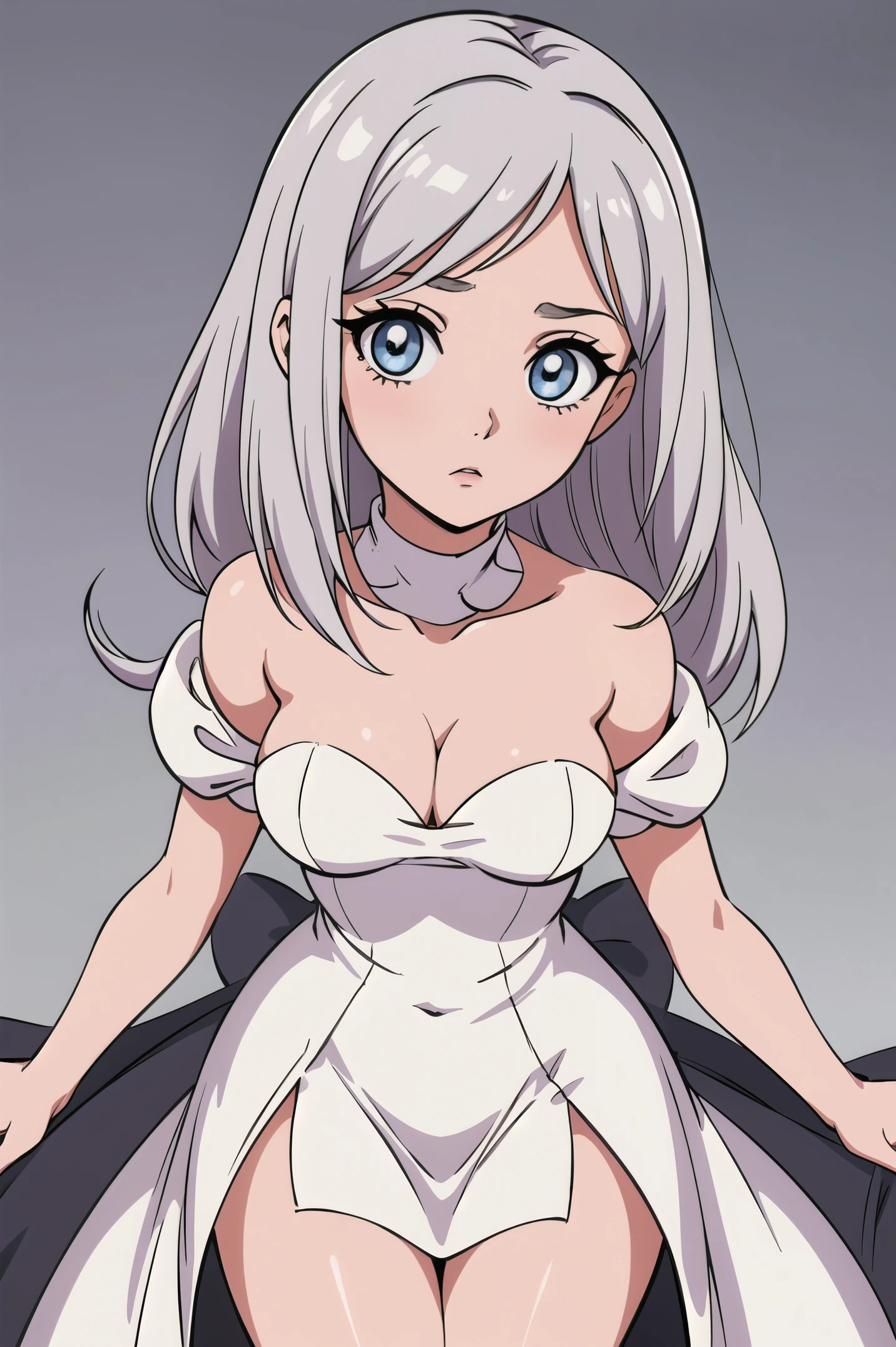 1girl, anime, cute girl, blank background, white background, fantasy, detailed dark fantasy dress with highlights, beautiful face, beautiful eyes, dark colors, silver hair, medium breasts, slight cleavage, beautiful skin, cute, breast curtains, extremely delicate and beautiful, (beautiful detailed face:1.0), (detailed deep eyes), symmetrical breasts, deep eyes, shiny skin, portrait, slender waist, hips wider than shoulders, thighs, young girl, expressionless