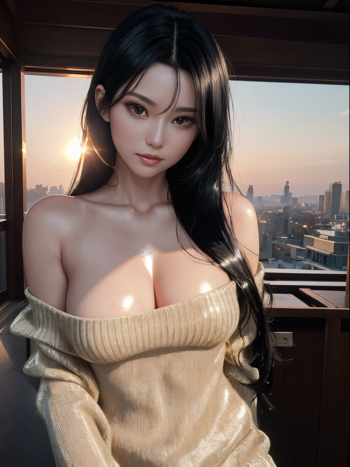 top-quality, Ultra high definition, Supreme depiction, Top resolution, masterpiece, (Ultra-realistic:1.4), (dazzling sunset light:1.2), Ponytail, Japan women, detailed photo, Smiling, Sexy, Black knit shirt, off shoulders, Facing Camera, full body photographed, (masterpiece: 1.3), (8k RAW photo, Ultra-realistic, top-quality: 1.4), (1girl in), Beautiful face, (Realistic face), (Shiny black hair, long: 1.3), Beautiful hairstyle, Realistic eyes, Beautiful detail eyes, clear amber eyes, (Realistic skin), Beautiful skin like silk, (Sweaters), Absurd, Attractive, Ultra High Resolution, A hyper-realistic, High Definition, Golden ratio