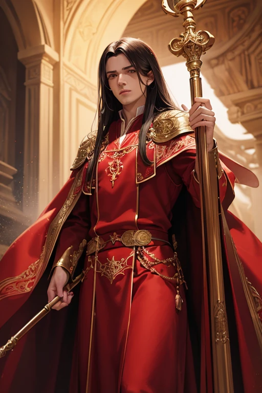 (a handsome cleric man,red clothes,robe,long hair,staff), beautiful detailed eyes,noble expression,ornate details on the clothes and staff,soft lighting,realistic rendering,vibrant colors,traditional art style,subtle shadows,ancient temple background
