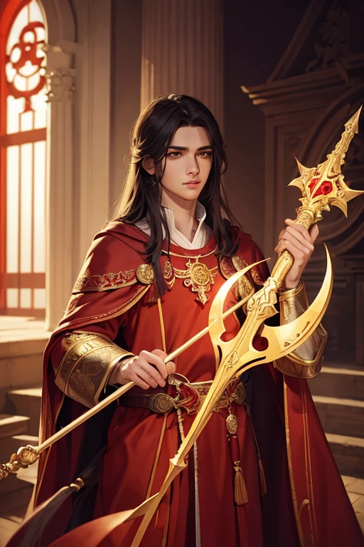 (a handsome cleric man,red clothes,robe,long hair,staff), beautiful detailed eyes,noble expression,ornate details on the clothes and staff,soft lighting,realistic rendering,vibrant colors,traditional art style,subtle shadows,ancient temple background