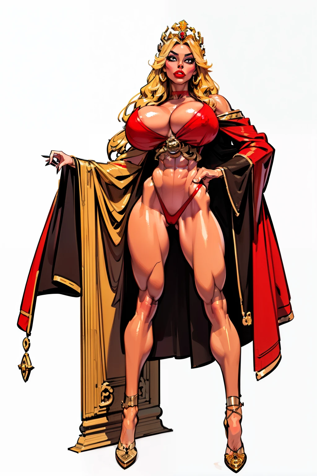 ((full body view:1.4)), ((masterpiece)), (((best quality))), ((mature face)), ((big eyes:1.4)), ((crown:1.4)), defined cheekbones, high cheekbones, illustration, ((muscular:1.3)), ((gold:1.4)), sexy bimbo, (gigantic breasts:1.2),long hair, ((detailed face:1.4)) beautiful woman, (red lipstick:1.4), shiny skin, ((skindentation)), scribbles and marks,(puffy lips:1.4) , rough sketches, pose, 8k,16k, ( background, white background: 1.3) ((warm color palette)), ((ancient aesthetic))