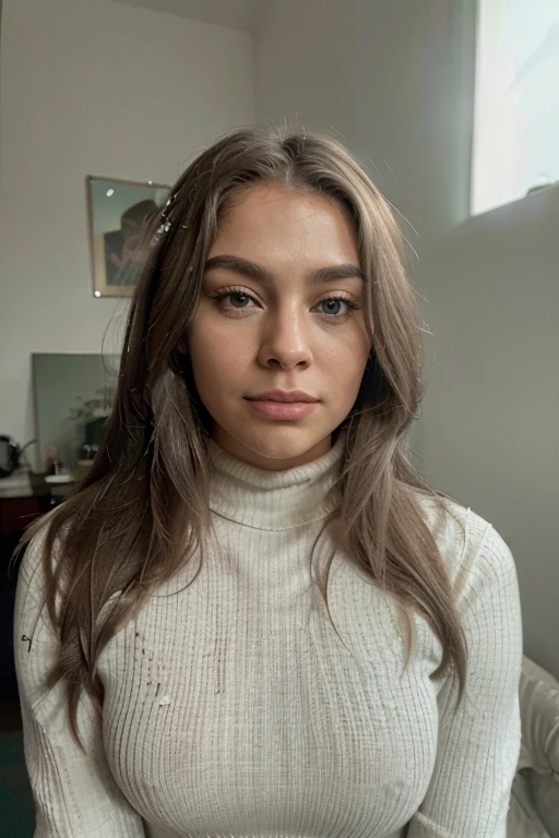 (best quality, 8k, 32k, masterpiece, UHD:1.2), selfie, masterpiece, perfect portrait, (..RAW), natural lighting, photo of a (Beautiful 35 year old woman with platinum hair very straight hair), perfect face, closed mouth, (extremely detailed eyes), (Sagging Tits:0.6), Jiggle Physics, (highly detailed skin), pale skin, photographed on a Canon AE-1 , 55mm f1.9 lens, 35 mm, ISO 200, ((filmic grain)), (turtleneck wool dress)