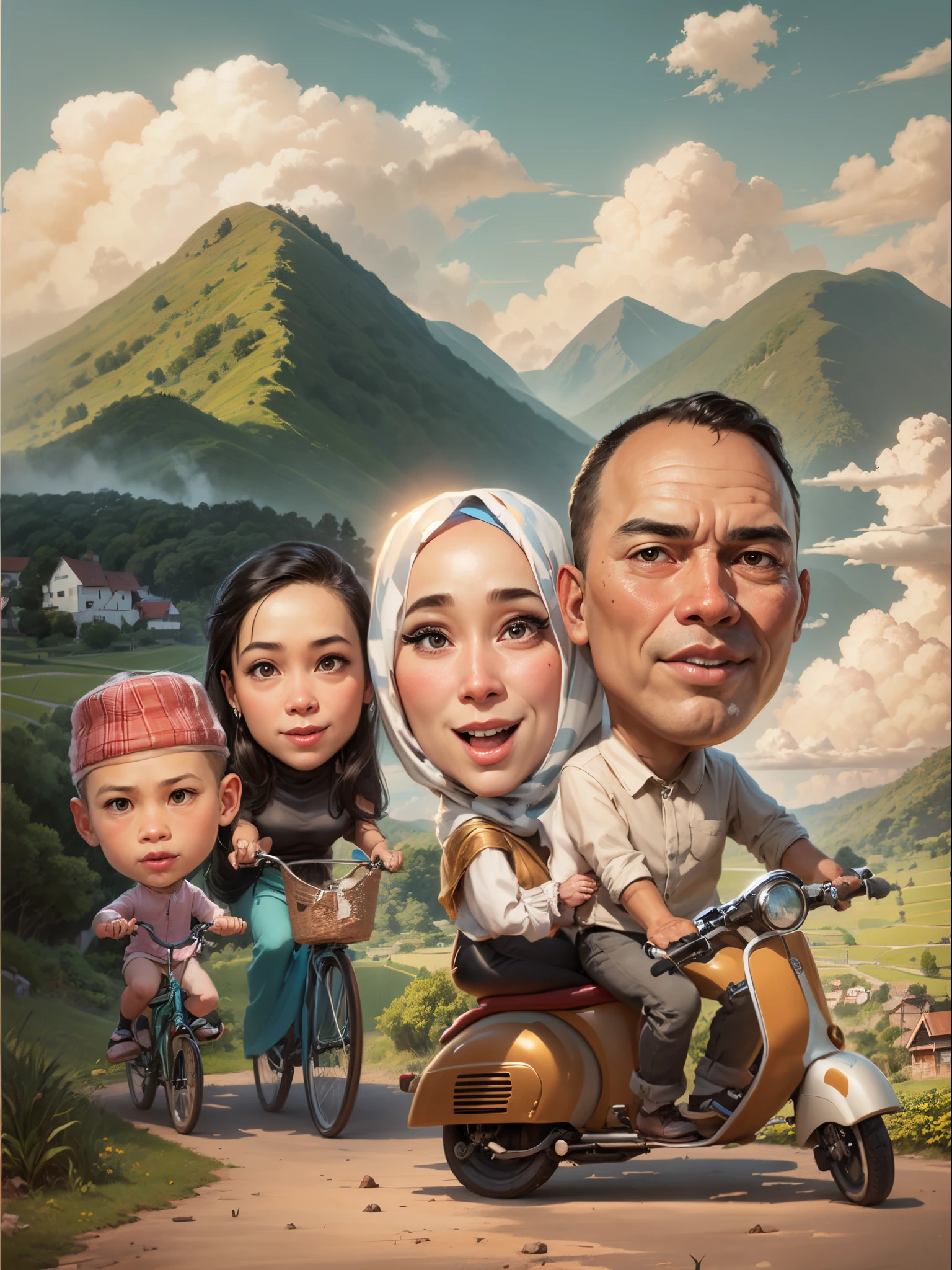 cartoon of a family riding bikes Rural road in Indonesia, Mother wears the hijab, with rice fields on either side and houses of villagers and with a sky background, Blue sky and beautiful clouds, The rocky road in the countryside leads straight up the mountain, Blue sky and beautiful clouds, caricature illustration, caricature style, an indonesian family portrait, potrait, digital art cartoon, cartoon artstyle, in cartoon style, cartoon digital art, cartoon digital painting, caricature, cartoon style illustration, happy family, cartoon art, cartoon portrait, digital cartoon painting art, caricature!!!, classic portrait