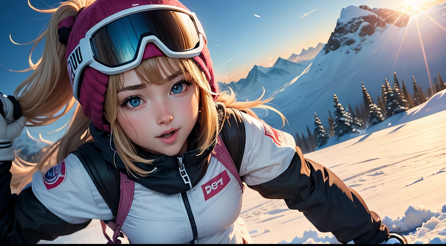 An anime girl sliding down a snowboard mountain