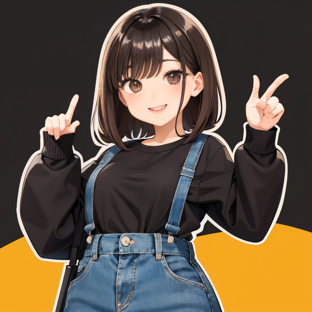 One Woman, 独奏, (twitch emote:1), Chibi, Brown hair, Black eyes, thumb up, A smile, The upper part of the body, comic strip, white backgrounid, a sticker, Thick black outline,denim dress rack blouse、hair down、Brown hair、Hair over one eye、brown haired