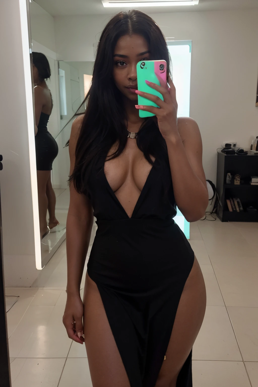 ((Photo in the mirror)),(looks in the mirror),((Instagram model)),((selfie In front of a mirror)),high resolution , an 18-year-old woman (((black skin color,ebony skin))),face details to perfection, face of mia kalifa,body of Sarah Banks,sumptuous body,bright smile,((Evening dress),((In a room)),((neon lighting)),very expressive position