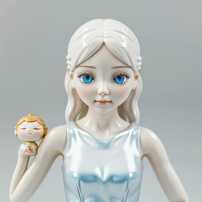 Super cute girl by Pop Mart, Vibrant Eyes, Cherub,short white evening dress, clay, generation, blind box toy, Glossy and delicate,clean background, It's shiny., 3D rendering of,Best quality
