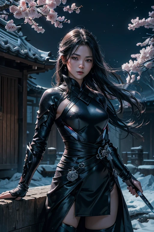 (best quality,4k,8k,highres,masterpiece:1.2),ultra-detailed,(realistic,photorealistic,photo-realistic:1.37),HDR,UHD,studio lighting,ultra-fine painting,sharp focus,physically-based rendering,extreme detail description,professional,vivid colors,bokeh,portraits
An oriental ninja girl with long black hair and ice powers,holding a katana, wearing a black ninja outfit, and standing on a moonlit rooftop. Her sharp, intense eyes are focused and determined. The moonlight illuminates her pale skin, contrasting with her dark hair. Frost swirls around her, as she summons her ice powers. Intricate ice crystals form on her fingertips, glistening with a soft blue glow.
Surrounding the rooftop is a bustling Japanese city with towering neon-lit skyscrapers. The streets below are filled with people, unaware of the hidden world above. The night sky is filled with stars, adding a touch of magic to the scene. Cherry blossom petals float gently in the air, creating a dreamy atmosphere.
The artwork is rendered in a realistic and photorealistic style, capturing every intricate detail of the girl and her environment. The colors are vibrant and vivid, with a slight tilt towards cool tones that complement the ice powers. The lighting is carefully crafted to emphasize the ninja girl's presence and create a sense of mystery and drama.
The overall composition of the artwork is carefully balanced, with the ninja girl positioned off-center, drawing the viewer's attention to her. The sharp focus on her eyes and the ice crystals adds a sense of precision and intensity. The background elements, such as the cityscape and cherry blossom petals, create depth and add visual interest to the scene.
This masterpiece depicts a powerful and skilled oriental ninja girl, showcasing her strength, grace, and icy abilities in a captivating and dynamic setting.