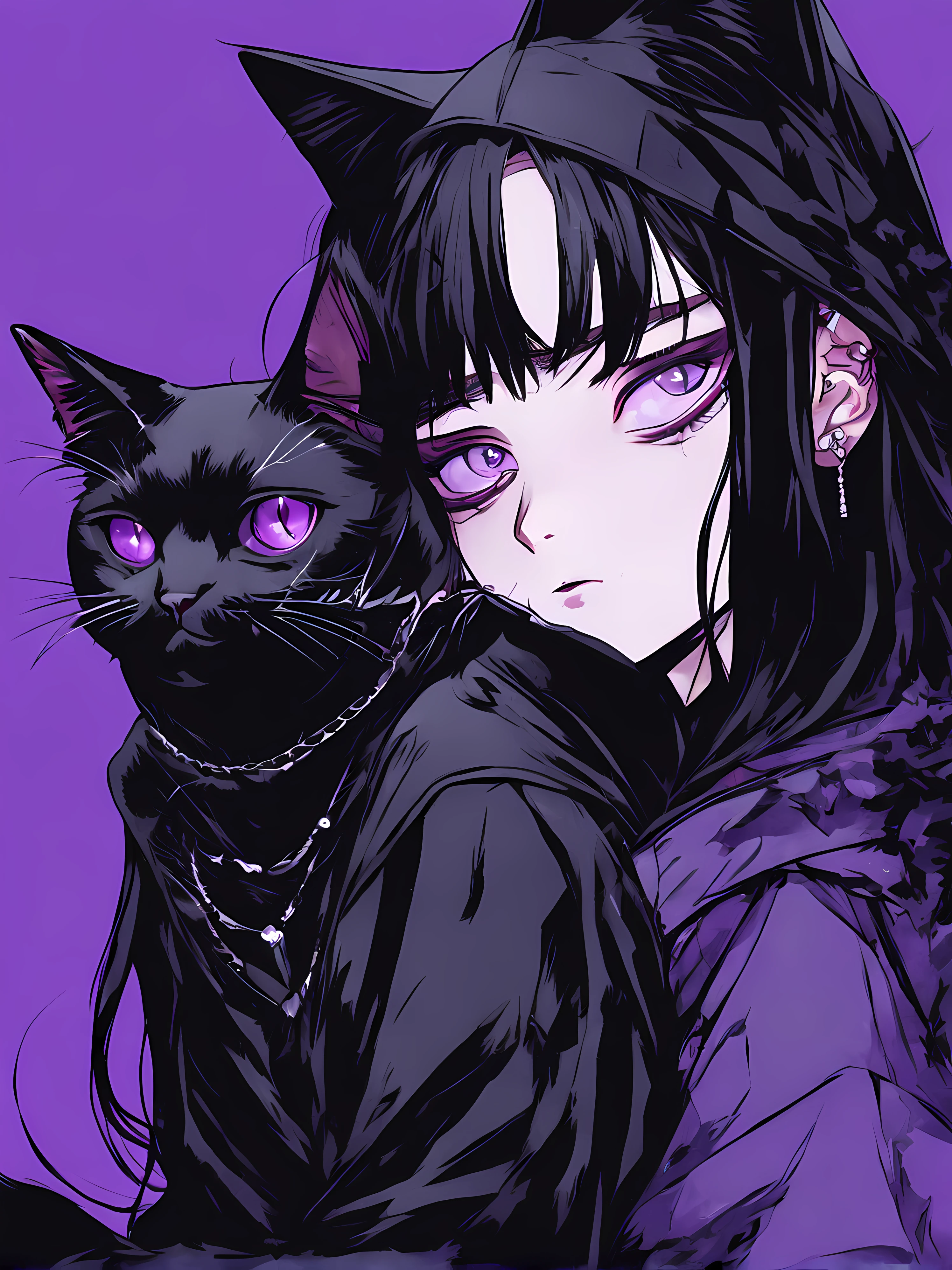 Anime girl with black cat on pink background, Portrait of goth cat girl, cat woman, Anime style illustration, Anime style 4k, anime style portrait, Ilya Kuvshinov Sti. 4K, cat woman, Artyom and Ilya Kuvshinov, Emo girl and her , beautiful anime catgirl, style of anime, style of anime. 8K