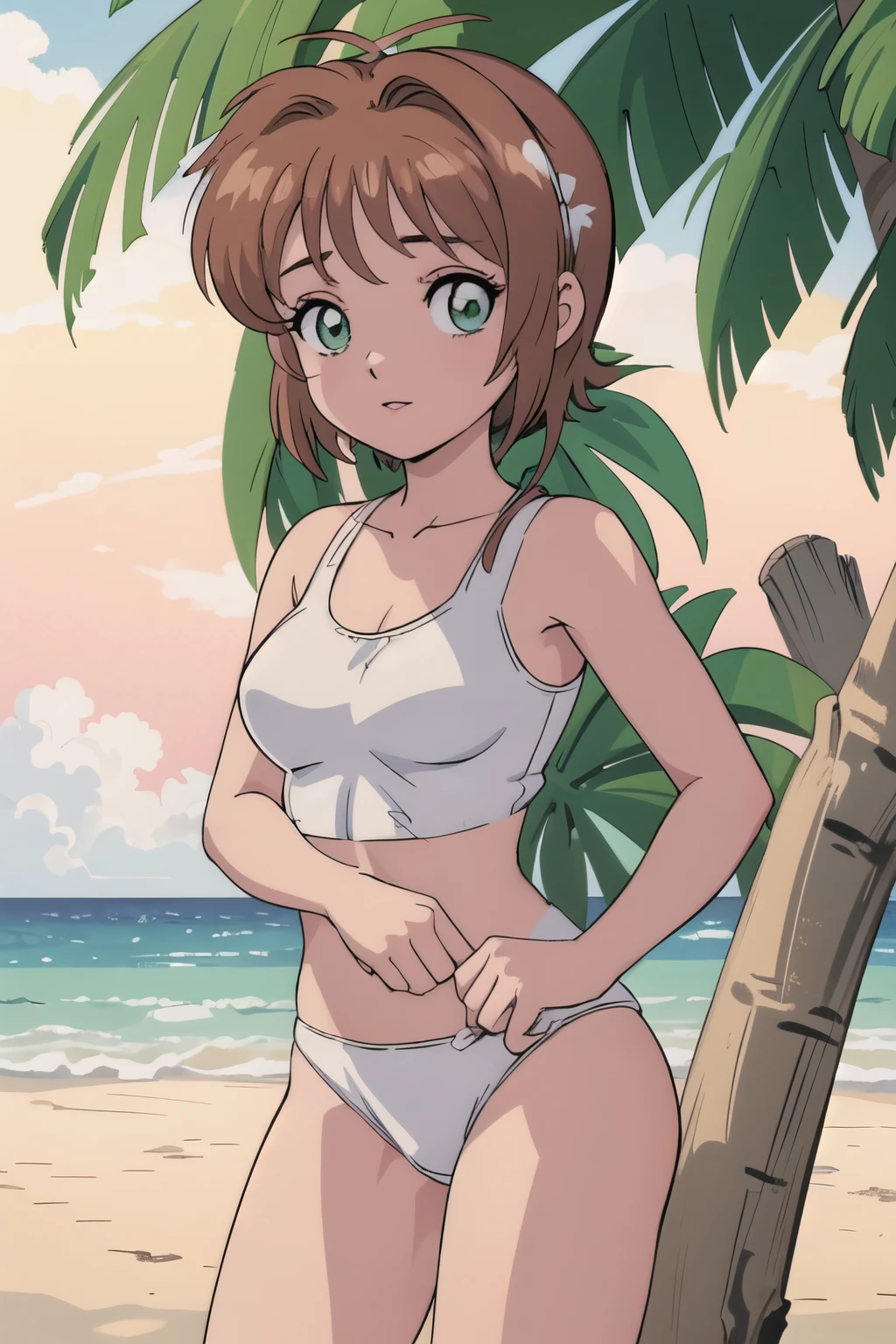 (masterpiece, 1girl, highres, kinomoto_sakura, green eyes, wearing (two-piece white swimsuit ), good mood, very detailed, full of detail, on a beach, cinematic lighting)