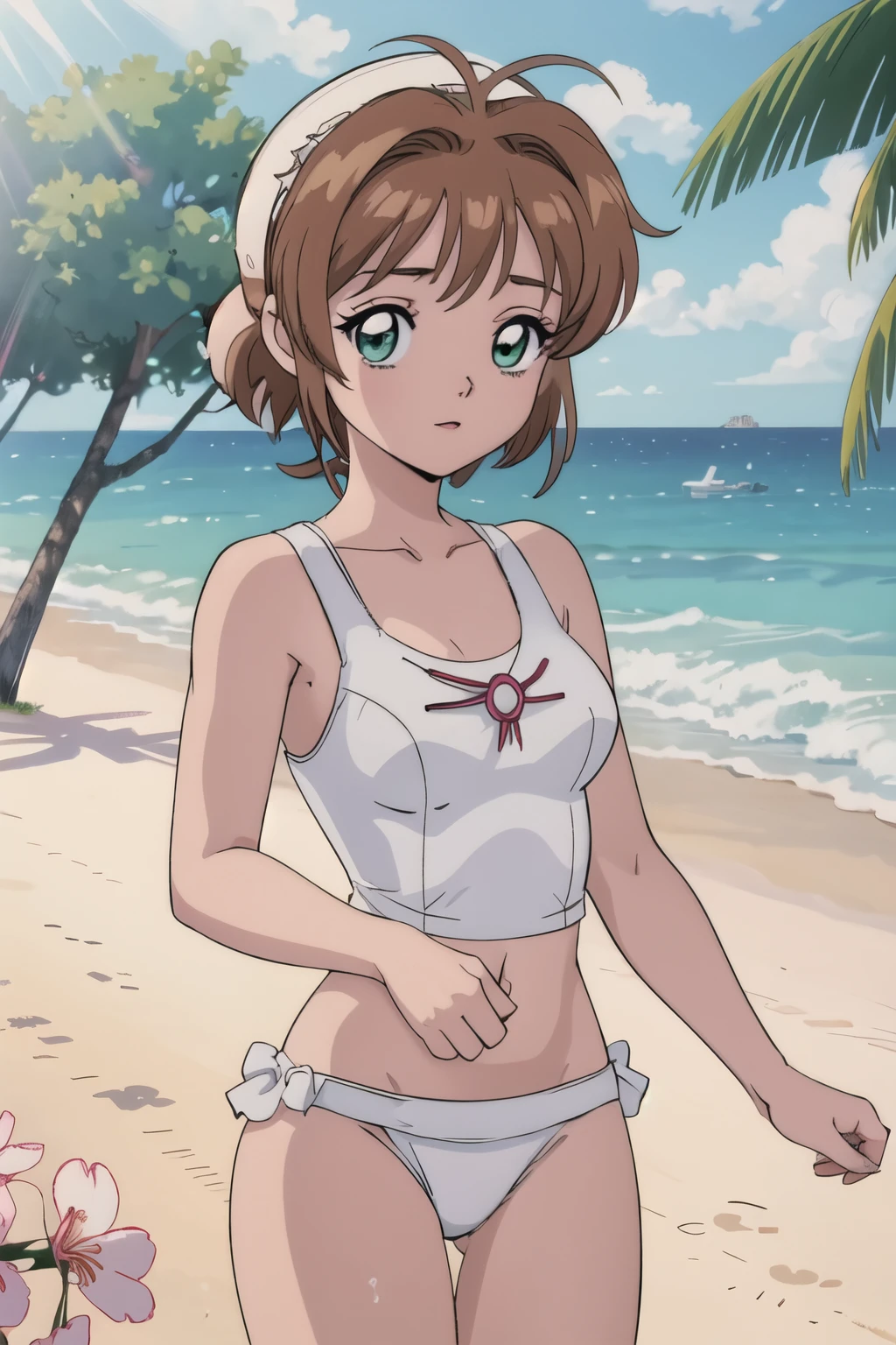 (masterpiece, 1girl, highres, kinomoto_sakura, green eyes, wearing (two-piece white swimsuit ), good mood, very detailed, full of detail, on a beach, cinematic lighting)