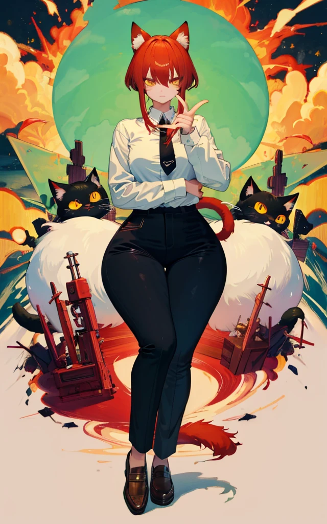 (Masterpiece: 1.5), (Best Quality: 1.5), Perfect Eyes, Perfect Face, makima, taut black pants, white button up shirt, black tie, red hair, yellow eyes, thicc, cat ears, cat tail, chainsaw man series