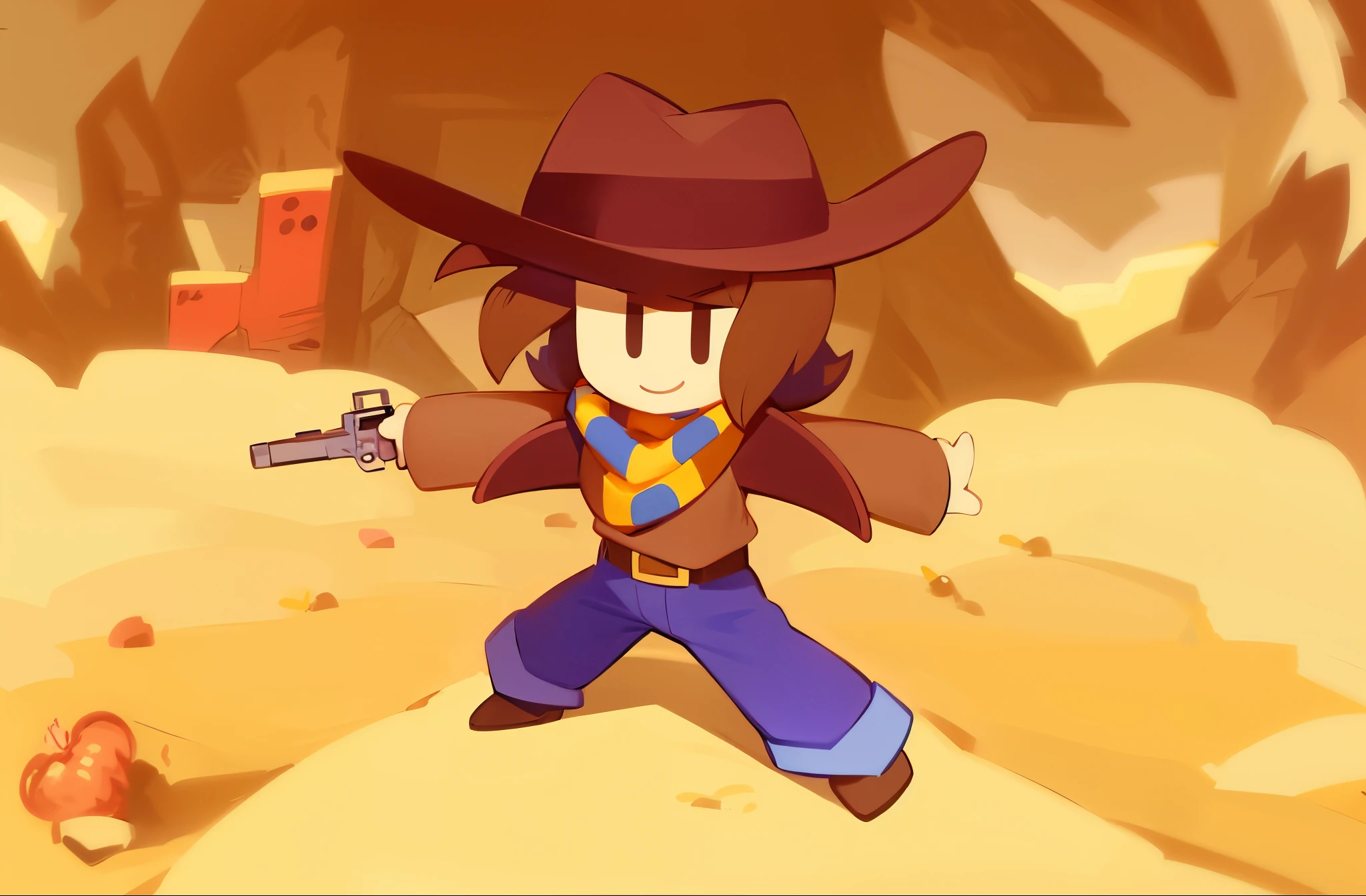 cowboy with a gun, western vibe, cowboy hat, blue polka dot bandana, brown hair, smile, brown cowboy jacket, blue jeans, dark brown boots, hd, highres