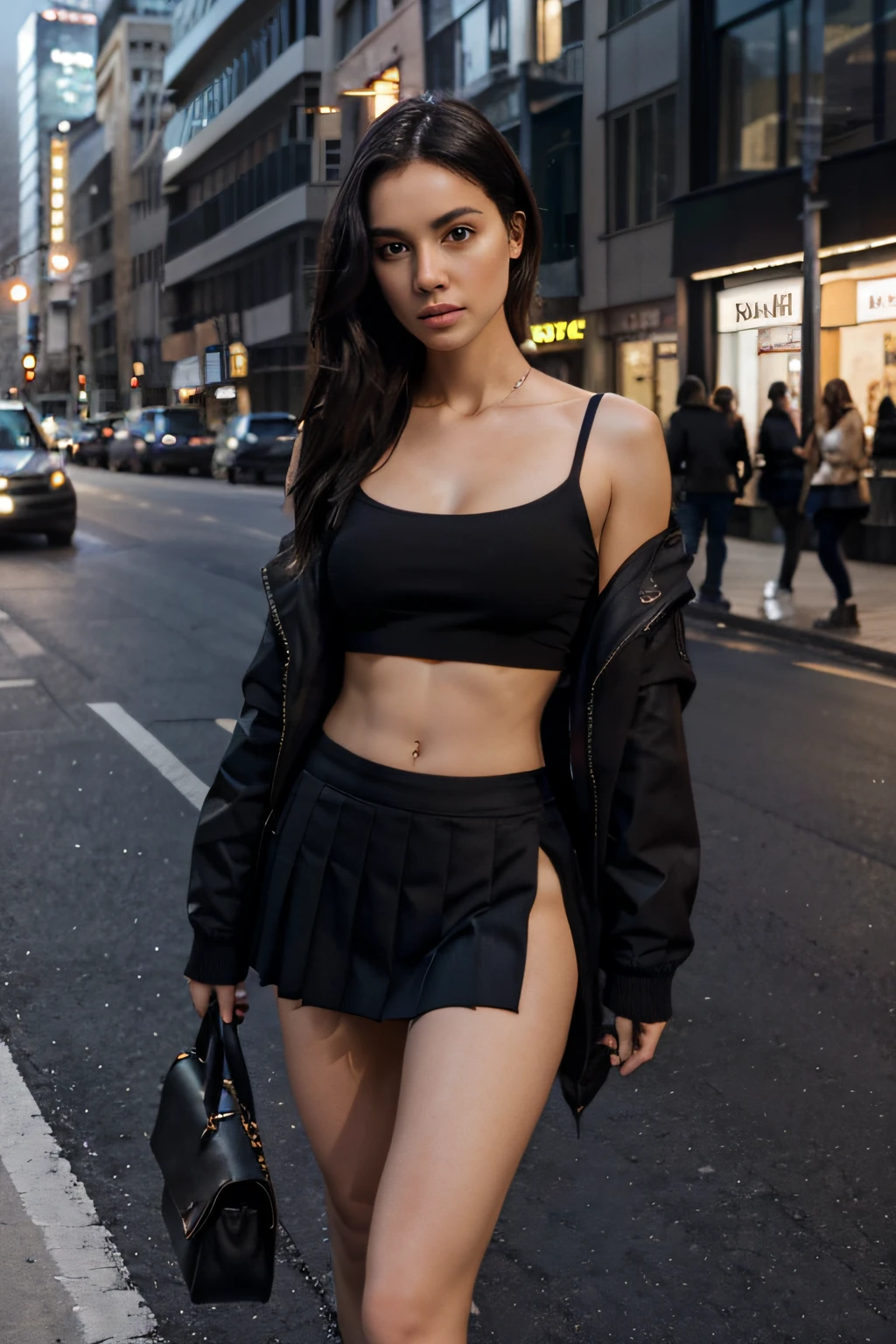 1girl, 25 years old, cute woman, black low waist skirt, black_hair,4_pack_abs, belly_button, (hips and groin showing), black_high_heels,building, city, cityscape, hair_between_eyes, jacket, looking_at_viewer, medium_hair, black, night, off_shoulder, outdoors, pleated_skirt, long_legs, thigh gap, slim girl, road, shirt, skirt, skyscraper, hot and warm ambient, solo_focus, street, black crop top , color,