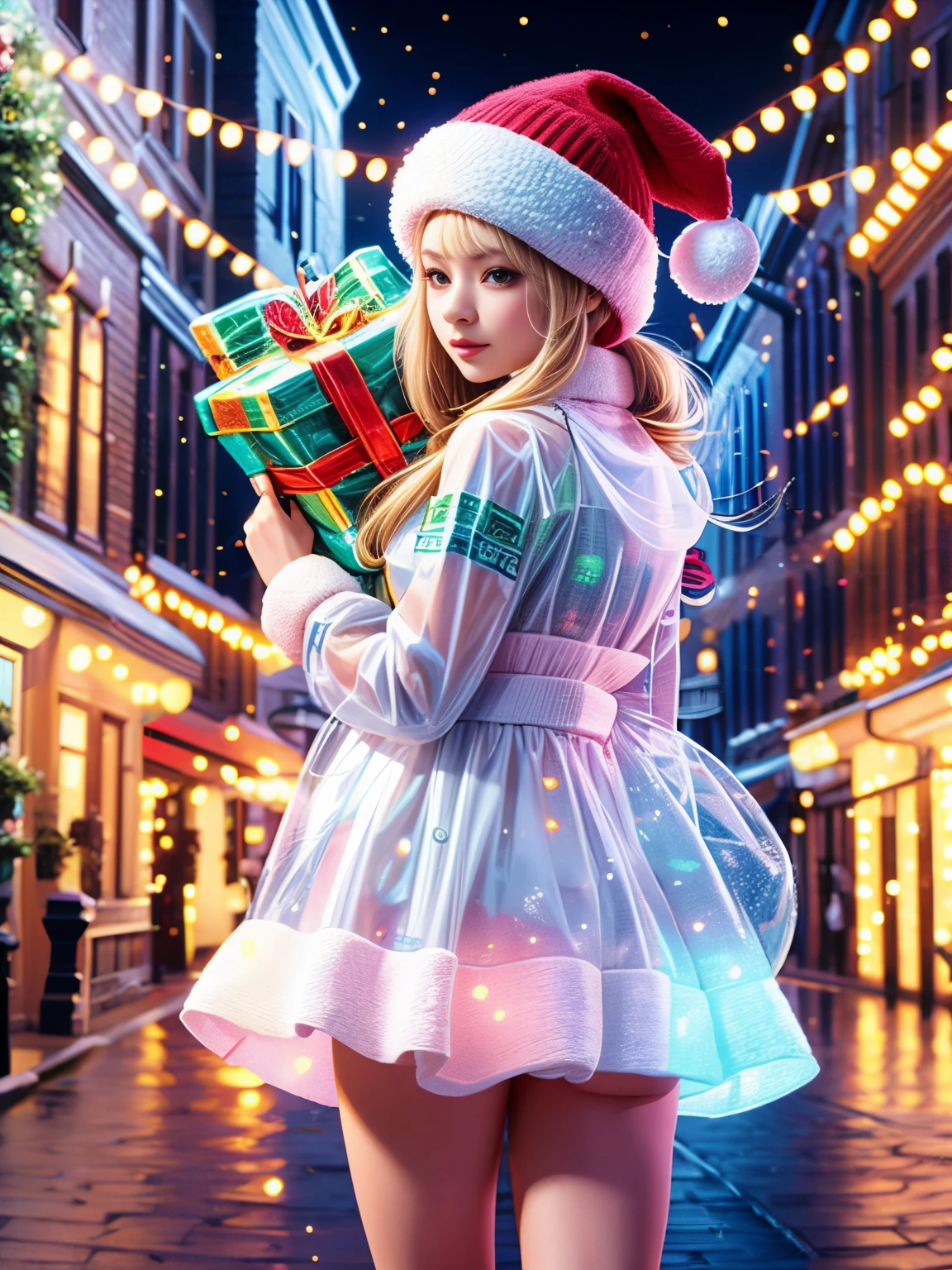 christmas，1 girl wearing transparent glowing Christmas costume，Wearing a transparent glowing backpack，Holding a beautiful Christmas wreath，Standing in Christmas decorated room