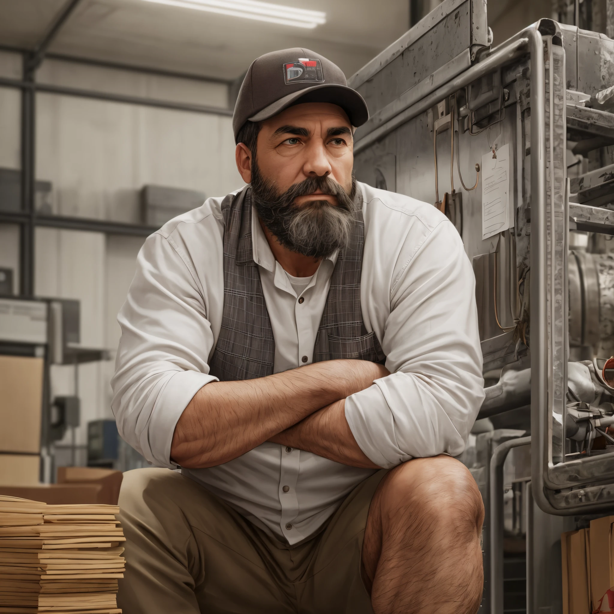 A man with a brown beard, sits in his office in an industrial equipment warehouse, realistic, cinematic --auto --s2