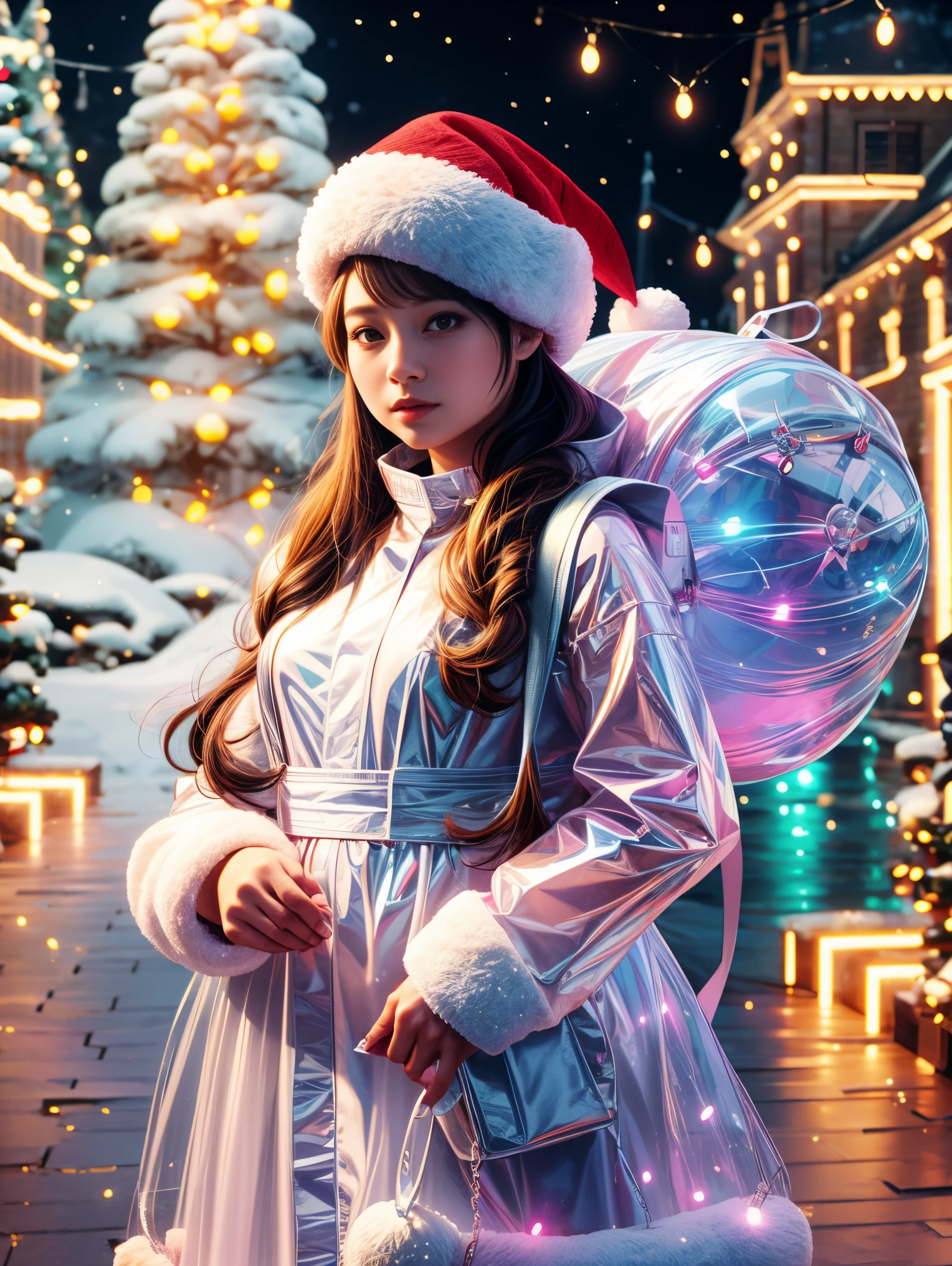 christmas，1 girl wearing transparent glowing Christmas costume，Wearing a transparent glowing backpack，Holding a beautiful Christmas wreath，Standing in Christmas decorated room