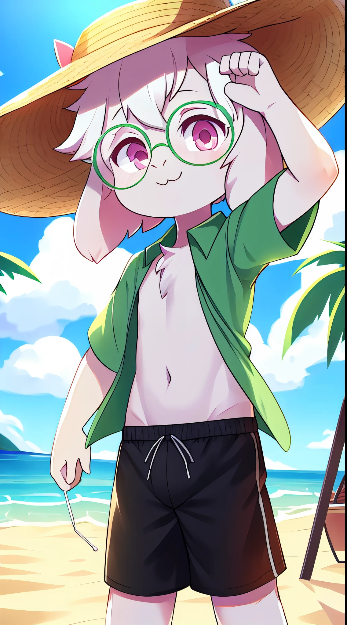 Ralsei, furry boy, young, goat, white body fur, white hair, pink eyes, small horns, detailed body fur, detailed face, detailed eyes, glistering body, shiny body, gorgeous body, masterpiece, high quality, feets whit three toes, full body, standing, beach, clear sky, :3, ((glasses, straw hat, green hawaiian shirt, open clothes, black swim trunks)), looking at you,