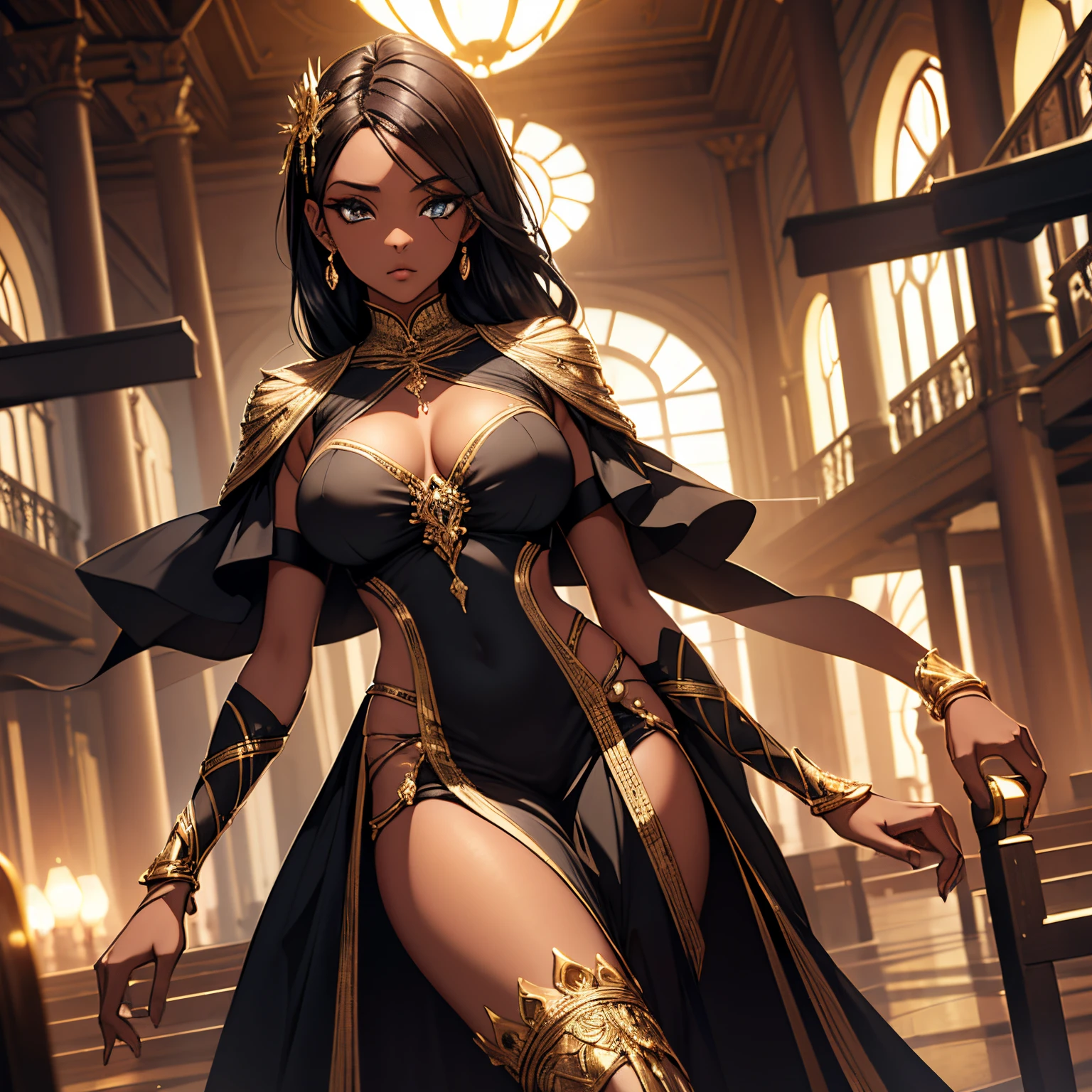 1 mulher negra. Corpo todo, cabelo preto comprido e liso. Olhos amarelos e brilhantes. Deusa. Roupas de luta indiana em couro, pretas com detalhes em ouro. Olhar imponente