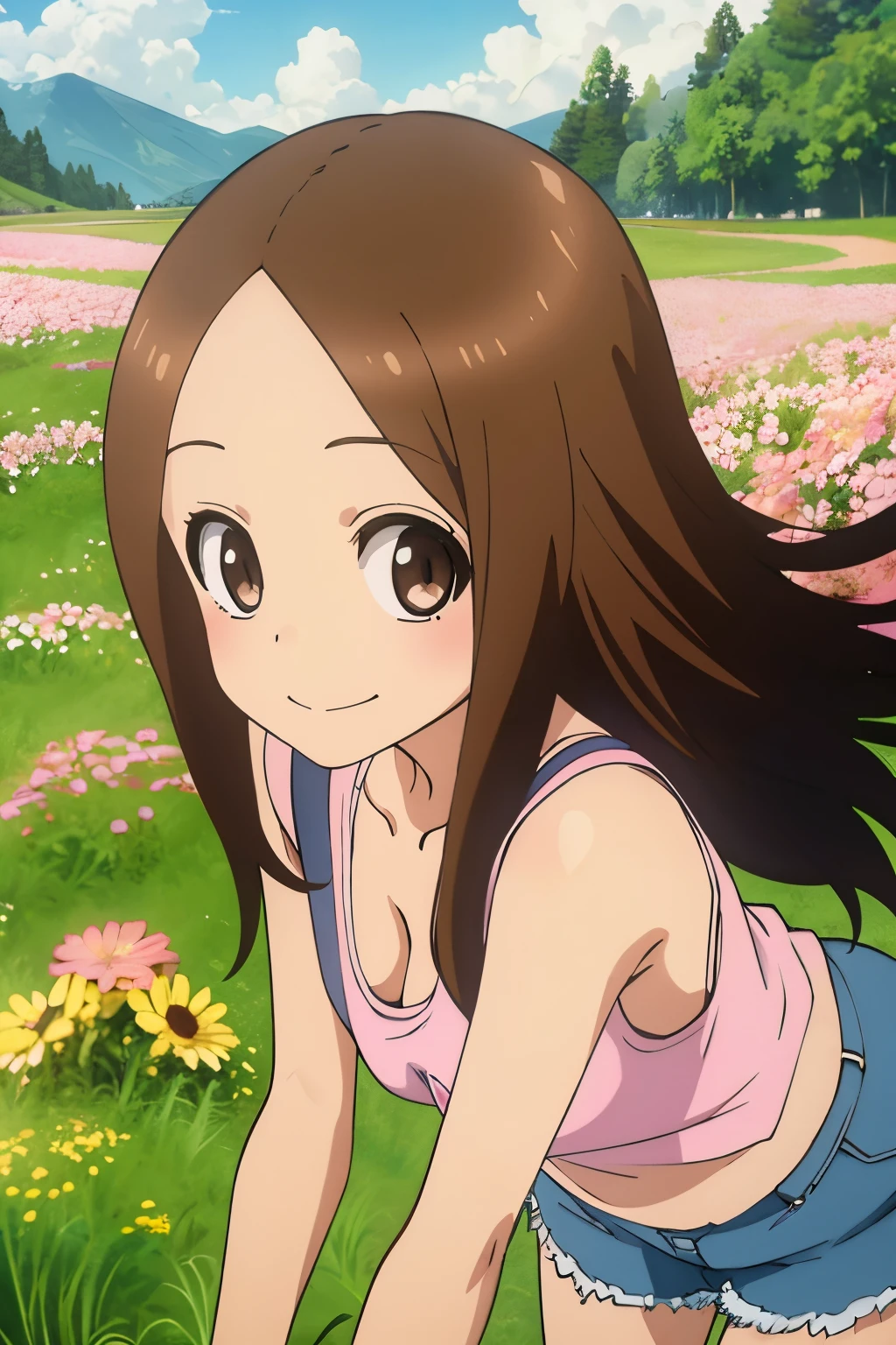 (Realistic),(Photorealistic),Takagi_San, 1girl in, Long hair, ((White School Shirt)), Brown hair, Part bangs, Brown eyes, Pink tank top, large full breasts, cleavage of the breast, Light Blue Jeans Shorts, Pink tank top, Black sneakers, Forehead, Smile, Looking at Viewer, masutepiece, Best Quality, (Colorful),volumatic light, Ray tracing, the Extremely Detailed CG Unity 8K Wallpapers, Smile, ((flying petal)), (Flowery meadow), Sunny, Sunshine, light, Fantasy, Windy, magic sparks, Trees, lake, mountainscape, ((flowerfield, heart hands, Leaning forward, extreme close - up