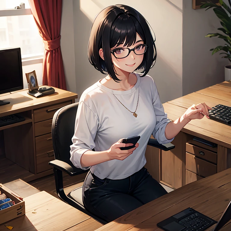 Short black hair, glasses, bob hair, soft waves, smiling, face facing forward, adult female, playing a game, in the room, alone