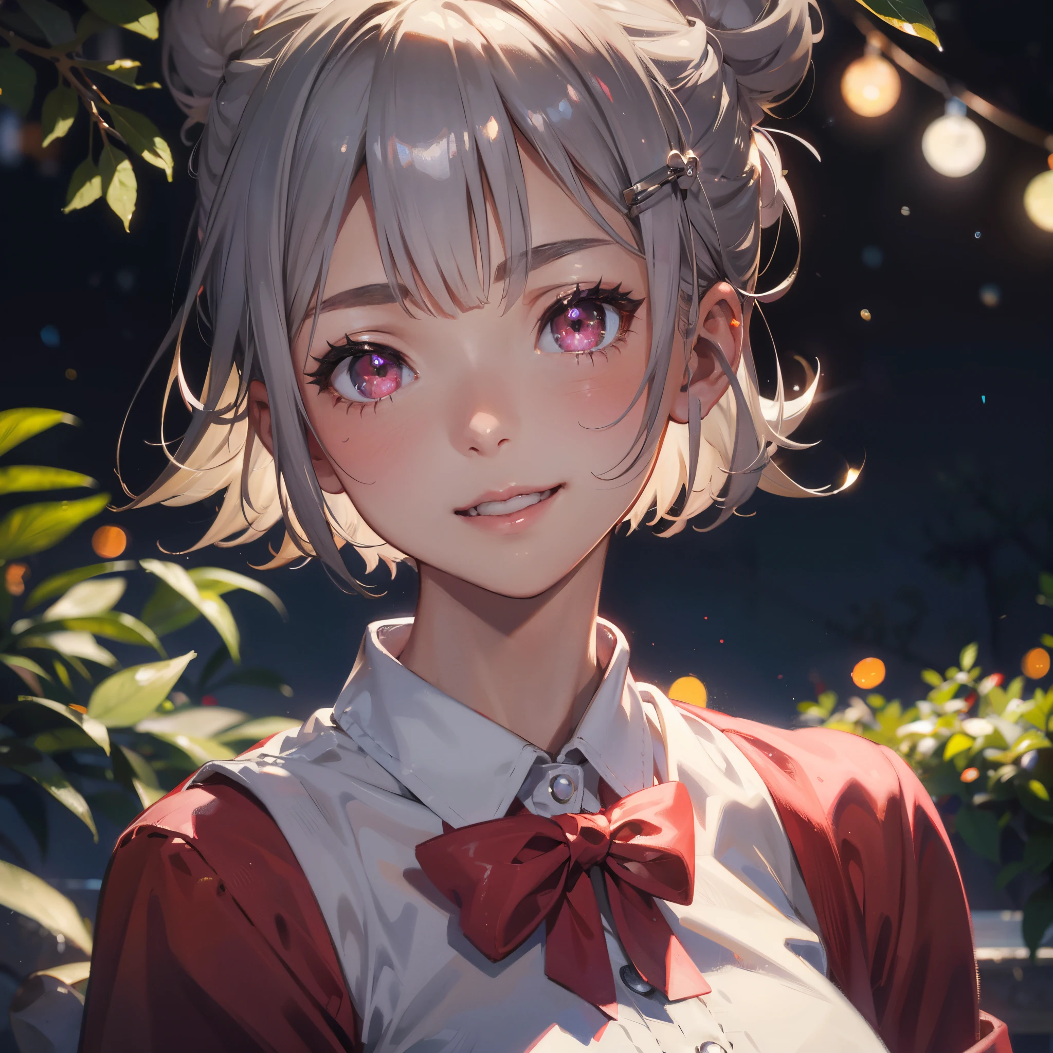 18 year old girl, Wearing Santa costumes、Short hair with silver bob styled in a bun with hair clip、big round pink eyes、A slight smil、Laugh、small tits、Realistic painting in every detail, Christmas Outdoors、delicate detail、facial close-up