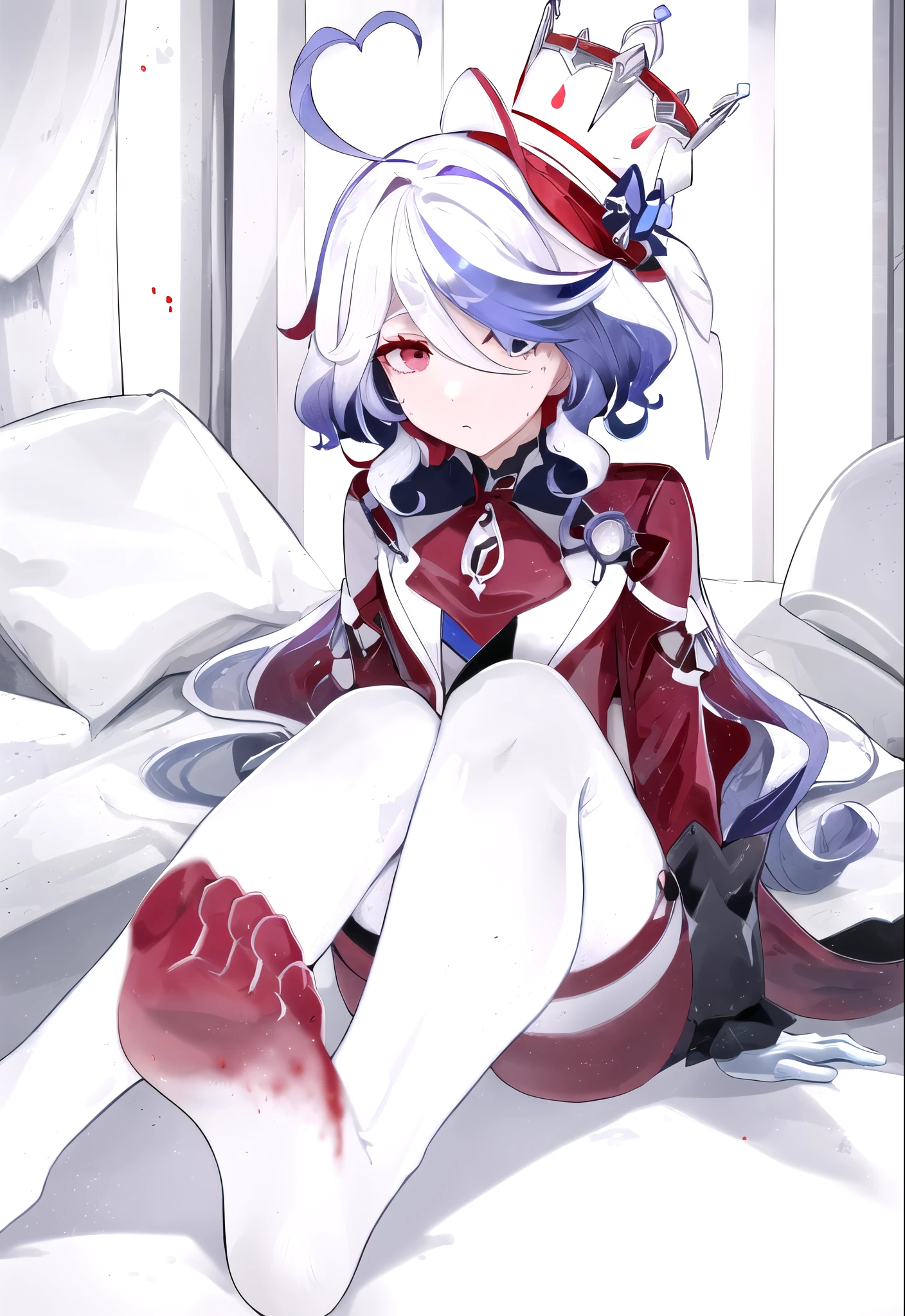 one-girl, (Best quality at best), ((tightsuit)))), White hair, Ultra-delicate skin, A high resolution, ultra - detailed, vulgar, afterglow，tightsuit, skin tight, latex,White jumpsuit, A thin body，Beautiful blood red eyeshadow，Wearing long black gloves:1.a purple eye:1 white hair, Blue hair:1, 1 Sister, Forina, genshin impact, White hair, Blue hair, flatchest