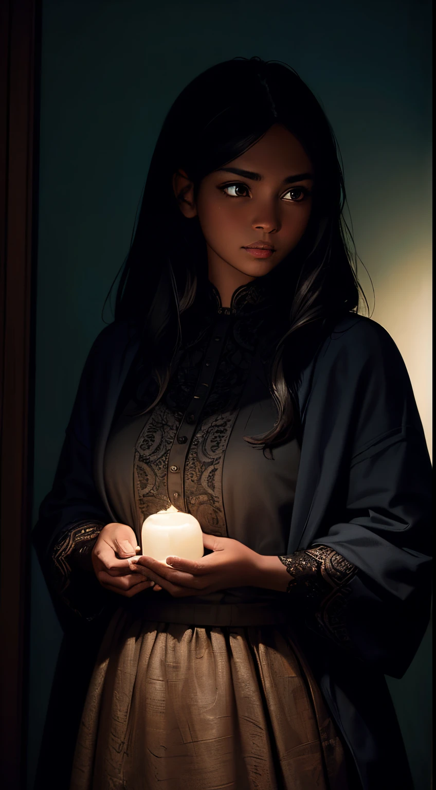 A brief moment of calm, beautiful black girl with cinnamon skintone, dark skin, neutral color lace clothing against the vibrant colors of a wall tapestry. Portrait shot with peach and cyan lighting , detailed intricate , in the style of James Jean and Thomas Kincaid , chiaroscuro, wabi sabi art style , obscura, beautiful, masterpiece, behance winning, oil painting, romanticism