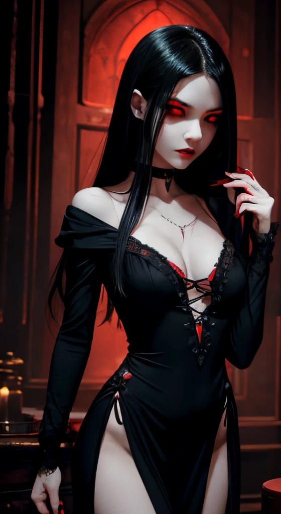 1 beautiful devil woman from hell, In the Dark: 1.6), surreal female portrait by David Hockney and Alphonse Mucha, fantasy art, korea doll, photorealism, dynamic lighting, artstation, poster, volumetric lighting, very detailed faces, 8k ultra, Awarded, in the dark, deep shadow, low key, cowboy lens, (Red phoenix dress: 1.4), long hair, black hair, bust, luxurious palace, Royal style, devil crown, red eyes make up very sharp and detailed, The most beautiful face, The breasts are very big and round and round, Super realistic, chinese women's clothing, polo neck sweater, Charming smile, The eyes are very well made up, guweiz, devil style, wearing black mesh socks, Ponytail with a bow tied at the back of the hair, Red black lips, Devil tattoo on shoulder, wearing a thin red and black robe, the landscape is overcast and thunderous, (Portrait), Close-up of the main character, (Background details 1.8),