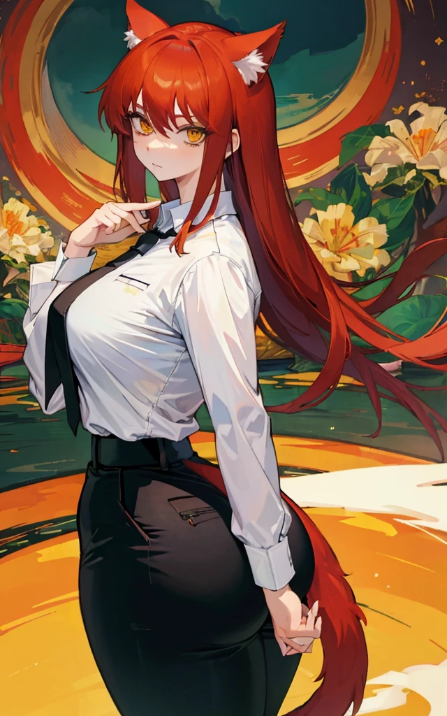 (Masterpiece: 1.5), (Best Quality: 1.5), Perfect Eyes, Perfect Face, makima, taut black pants, white button up shirt, black tie, red hair, yellow eyes, thicc, cat ears, cat tail, chainsaw man series, thick thigs, large breasts, medium ass