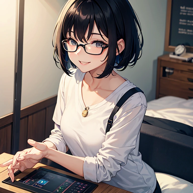 Short black hair, glasses, bob hair, soft wavy hair, smiling, face facing forward, adult female, playing a game, in the room, alone