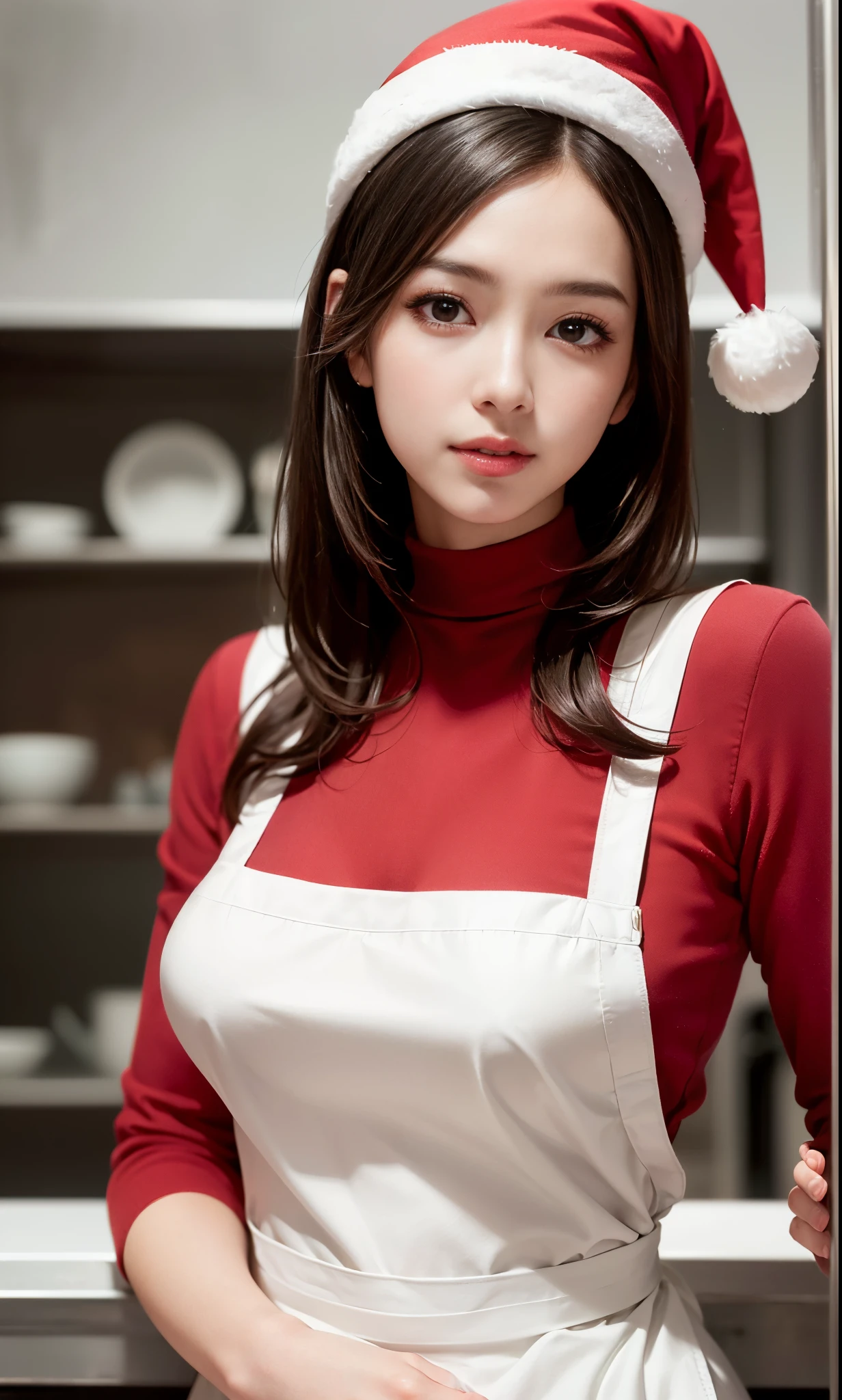 (8K, Raw photo, Photorealistic:1.25) ,( lipgloss, Eyelashes, grossus, Glossy skin, Best Quality, 超A high resolution, depth of fields, chromatic abberation, Caustics, Broad lighting, Natural Shading,Kpop Idol) looking at viewer with a serene and goddess-like happiness, kitchin, ((Apron)), (santa hat)
