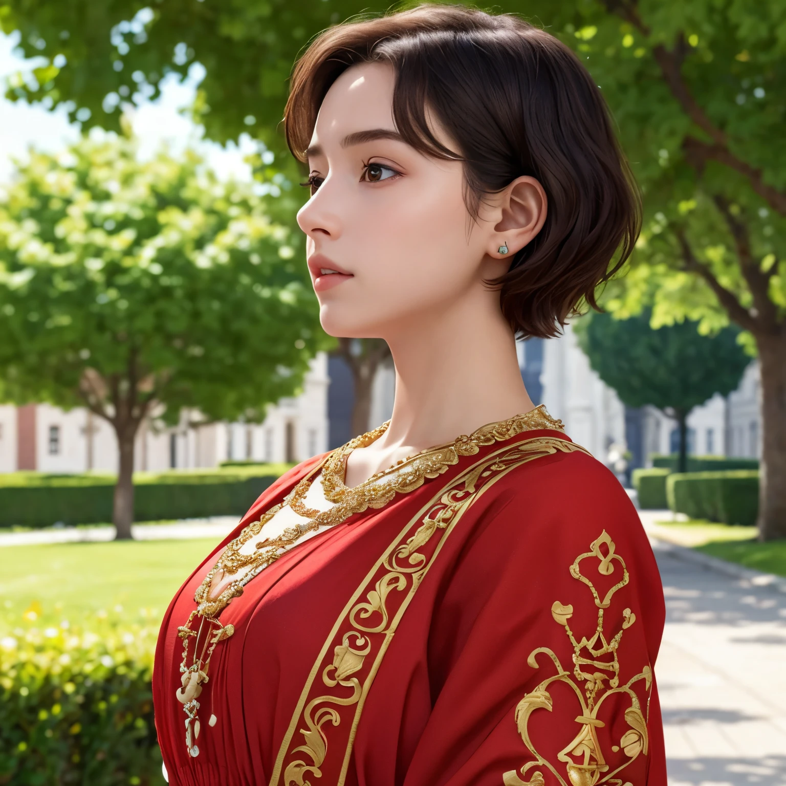 masterpiece, best quality, 8k, super detailed skin, looking off into the distance, jealous, cute, 1girl, short hair, wearing boubou, a secret society of time travelers,